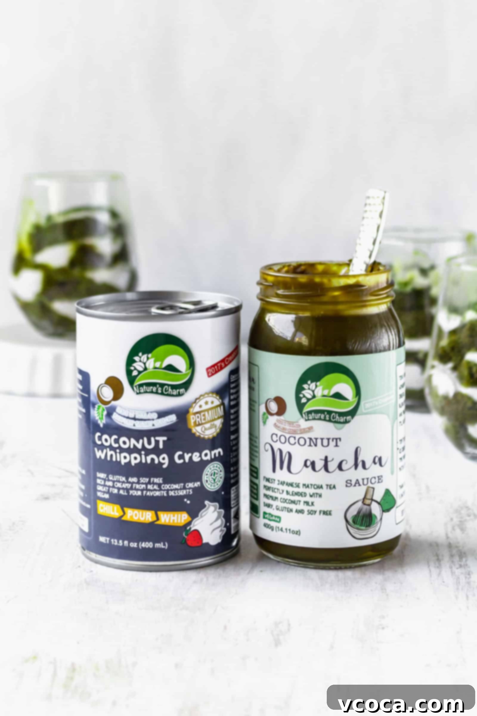 Effortless Plant-Based Matcha Tiramisu 4 Nature's Charm coconut whipping cream and coconut matcha sauce, key ingredients for an easy and delicious vegan matcha tiramisu.