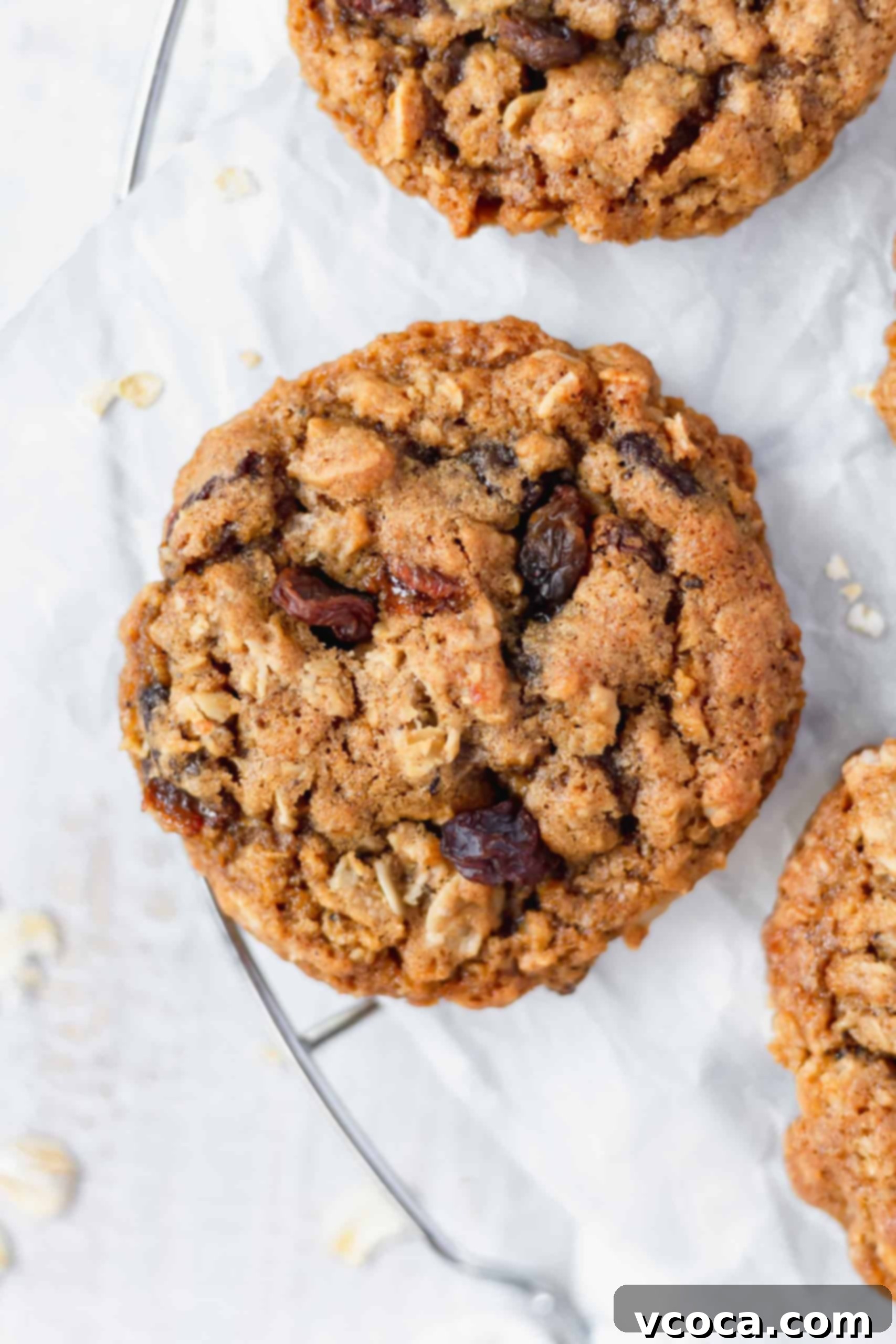 Chewy Brown Butter Oatmeal Raisin Cookies 3 Close up of a warm, chewy oatmeal raisin cookie showing plump raisins and oat texture