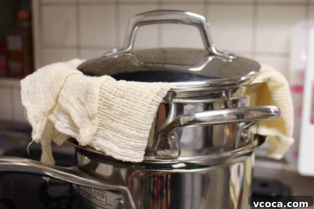 Steamer with a piece of cheesecloth under the lid to prevent drips onto the mochi inside.