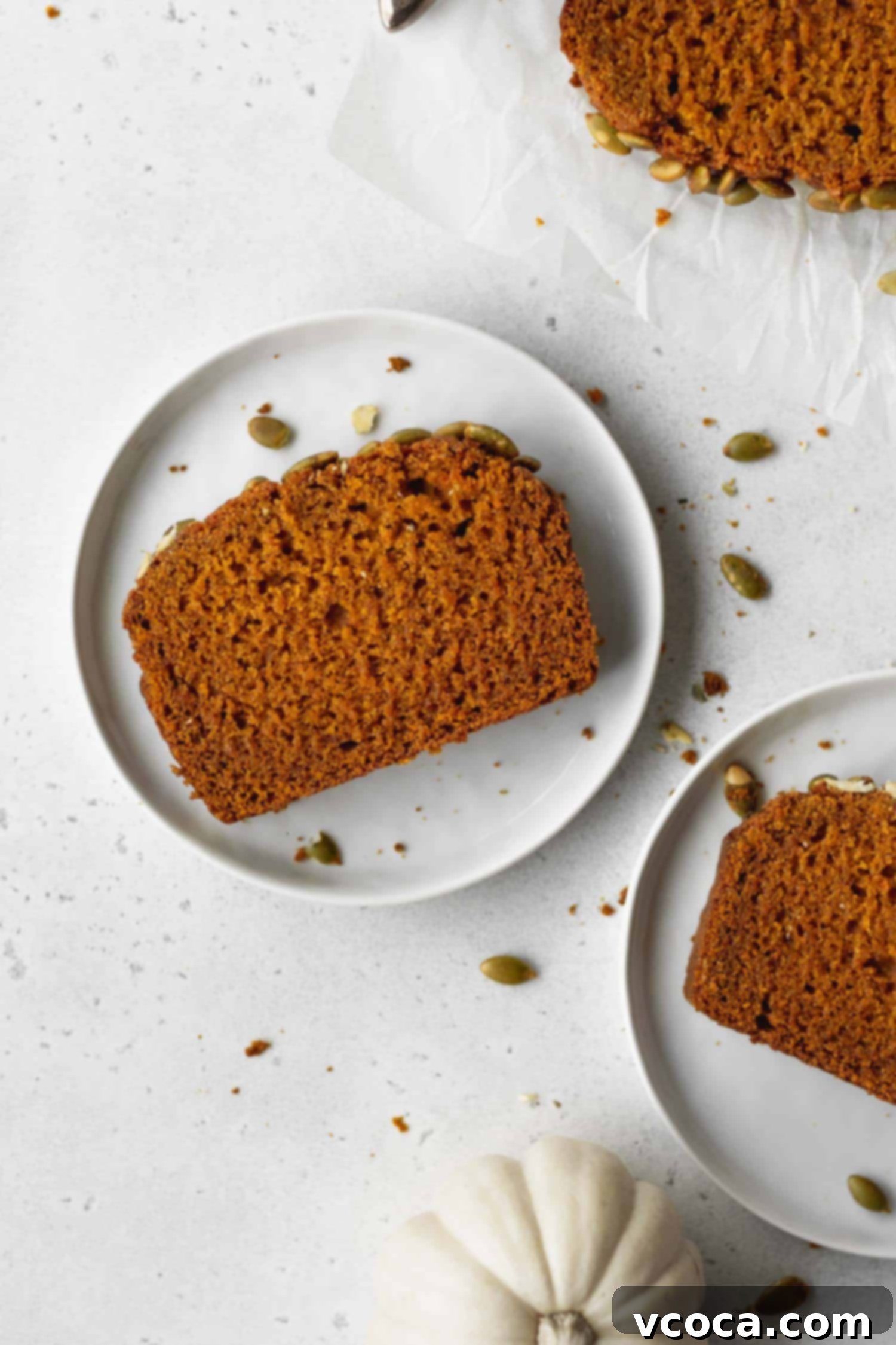 A single slice of super moist gluten-free pumpkin bread, garnished with pepitas, resting on a clean white plate.
