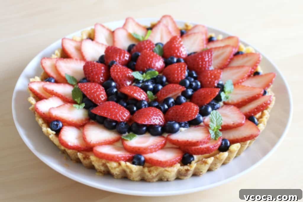 Luscious Strawberry and Blueberry Tart 9 Fully assembled Strawberry and Blueberry Tart with mint garnish
