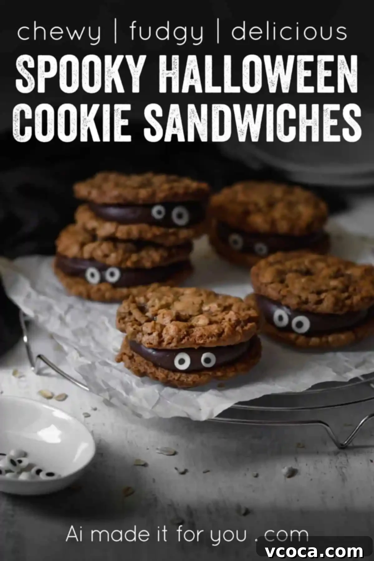 Wickedly Easy Halloween Cookies 11 Stack of easy Halloween monster cookies with fudge filling and candy eyes, a simple and delicious dessert.