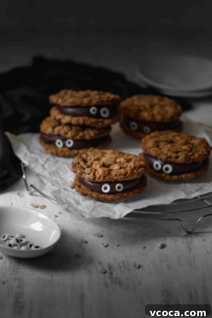 Wickedly Easy Halloween Cookies 3 Adorable monster Halloween cookies, simple to decorate with candy eyes and rich chocolate fudge filling. Ideal for easy Halloween party desserts.