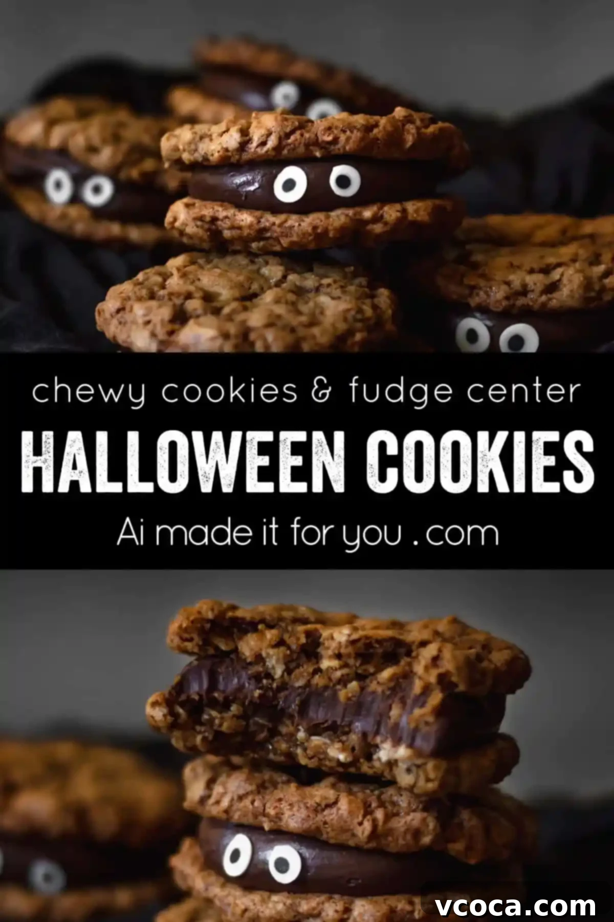 Wickedly Easy Halloween Cookies 10 Three easy Halloween monster cookies, decorated with candy eyes and dark chocolate fudge.