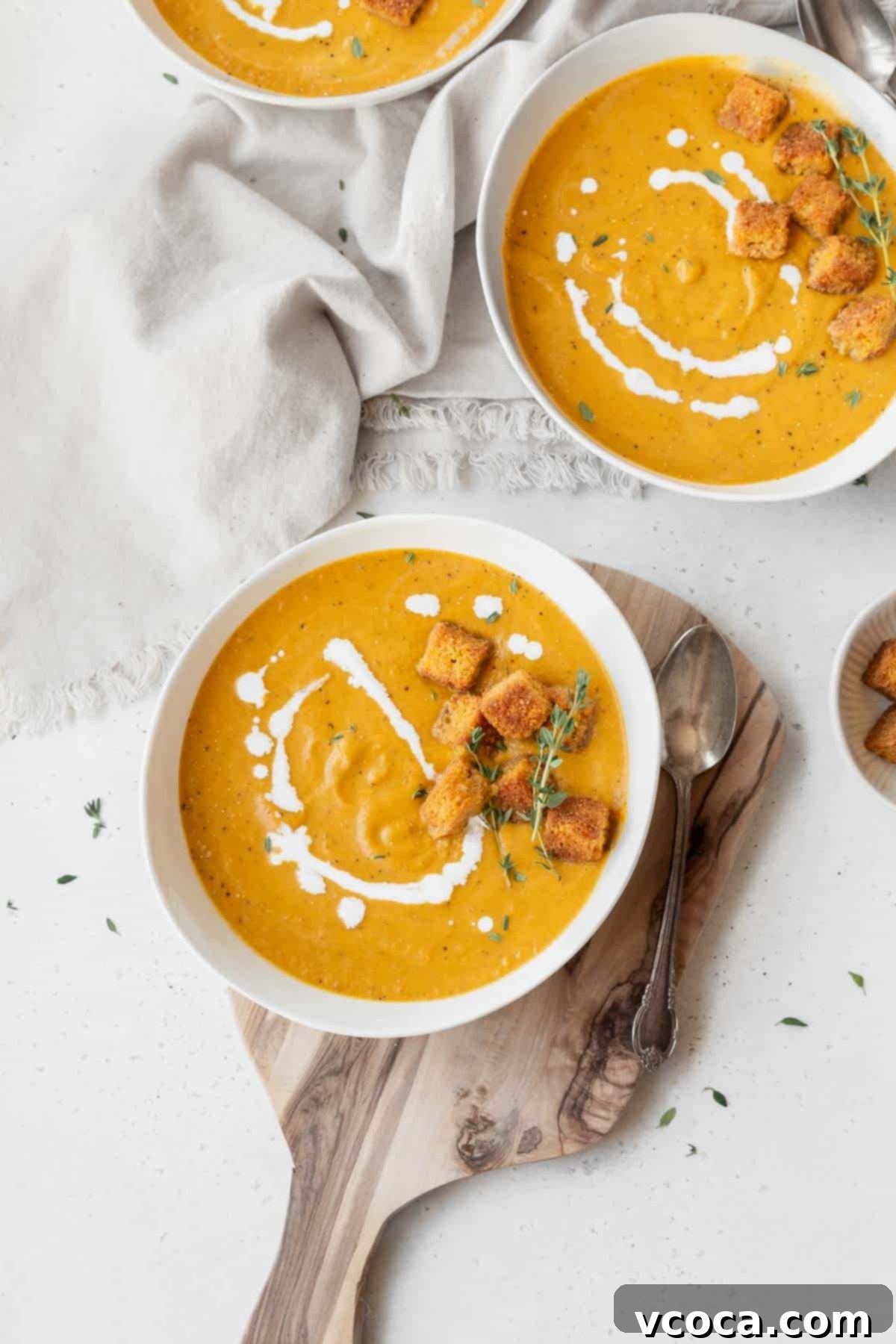 Velvety Vegan Pumpkin Soup 2 Overhead shot of 3 bowls of creamy vegan pumpkin soup garnished with cornbread croutons and fresh thyme.