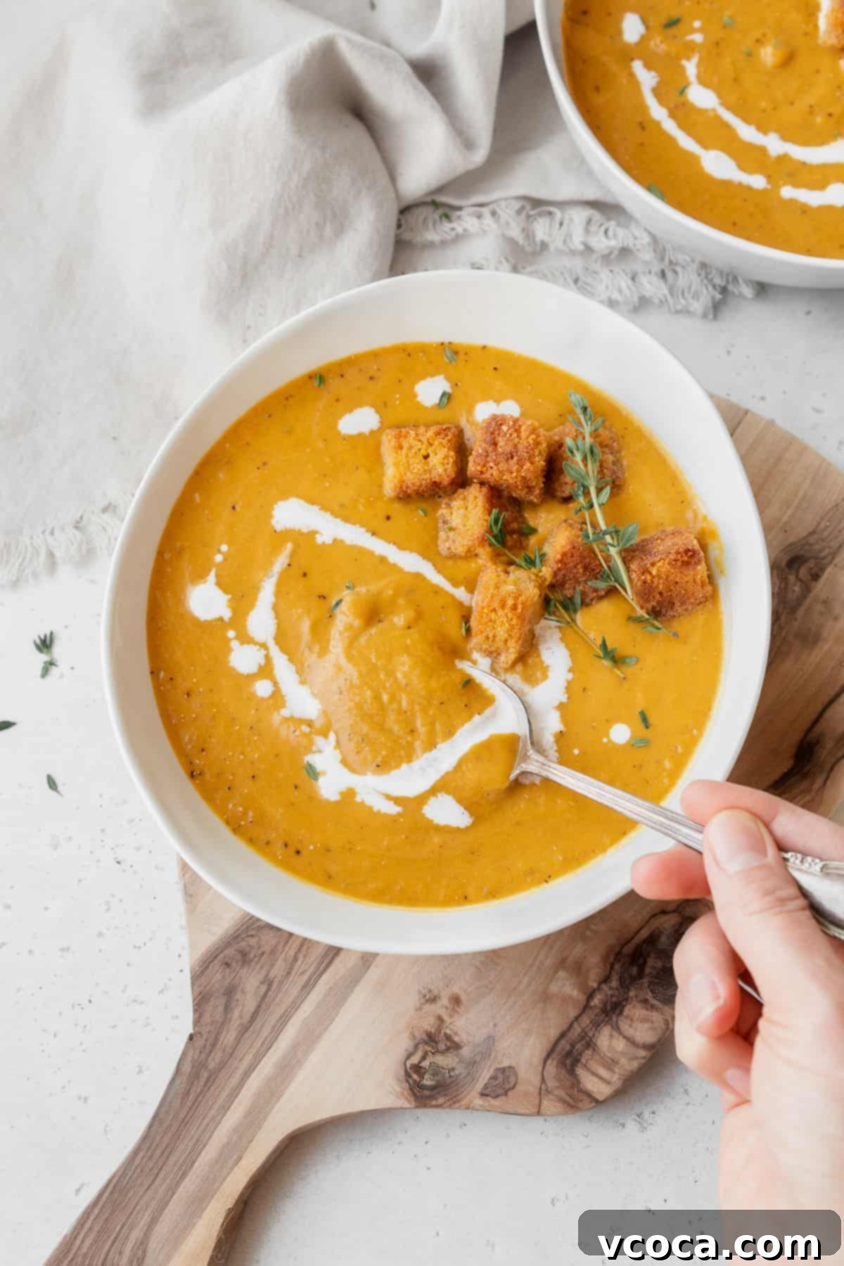 Velvety Vegan Pumpkin Soup 11 Hand taking a spoonful of vegan pumpkin bisque from the garnished bowl of soup.