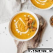 Velvety Vegan Pumpkin Soup 12 Overhead shot of a bowl of vegan pumpkin bisque garnished with thyme, croutons, and a drizzle of vegan cream.