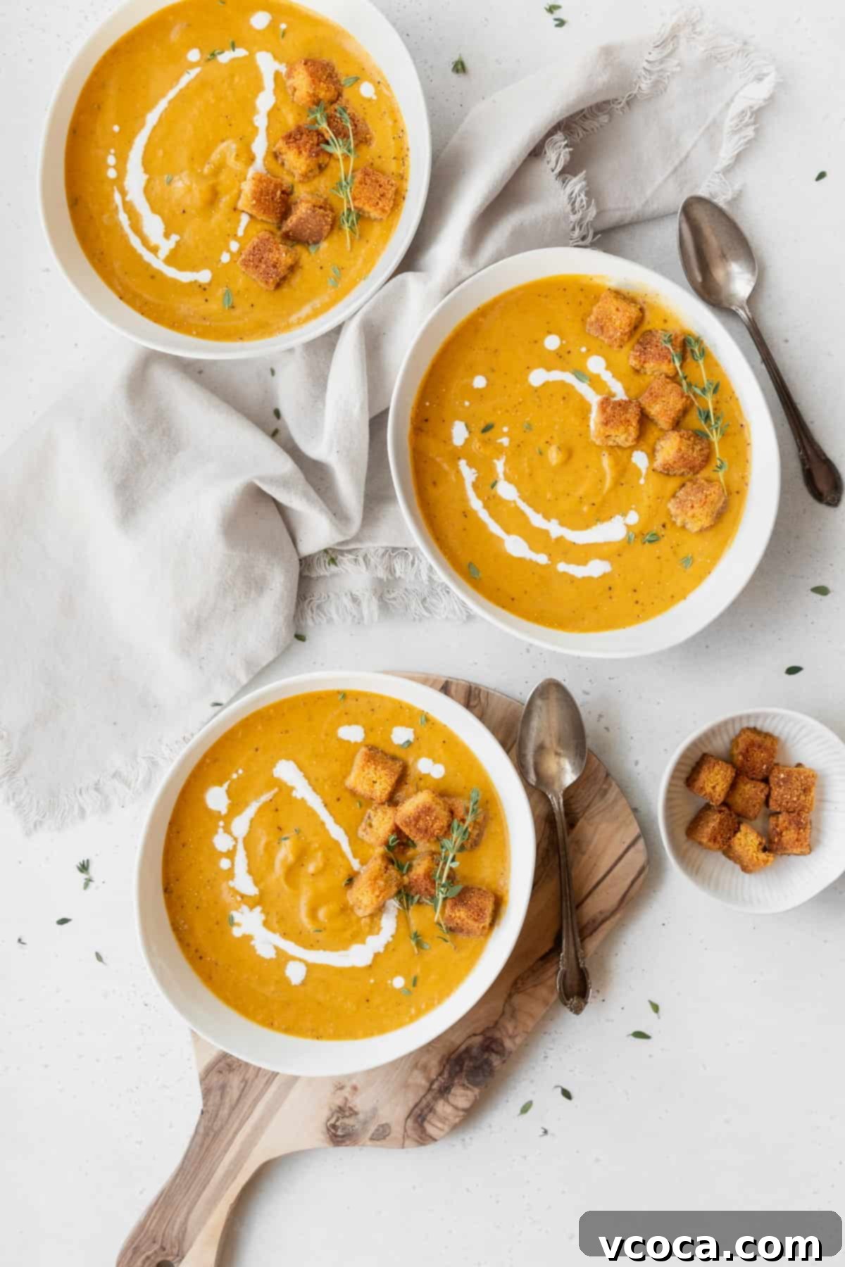 Velvety Vegan Pumpkin Soup 4 Overhead shot of 3 garnished bowls of vegan pumpkin bisque on a white table with a small bowl of cornbread croutons.