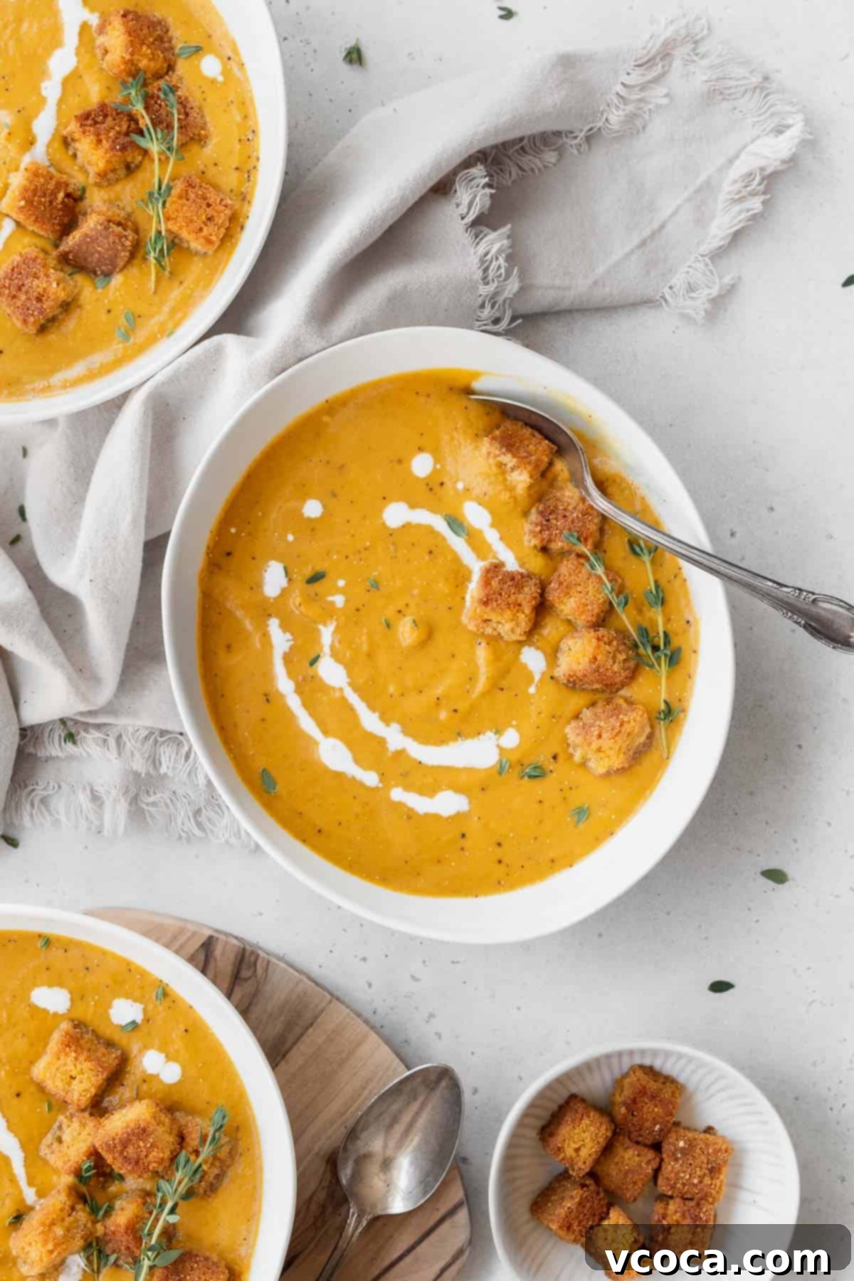 Velvety Vegan Pumpkin Soup 10 Overhead shot of a bowl of vegan pumpkin bisque soup garnished with fresh thyme, cornbread croutons, and a drizzle of vegan cream.