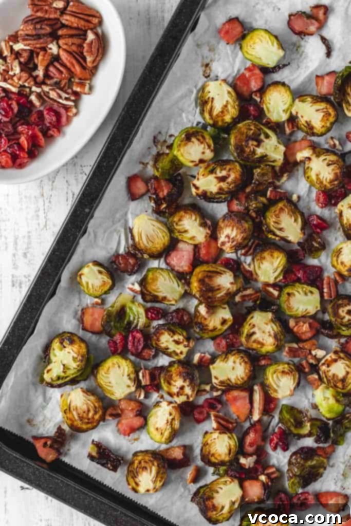 Irresistible Bacon Cranberry Pecan Roasted Brussels Sprouts 3 Close-up of crispy roasted Brussels sprouts with glistening bacon bits. A perfect Thanksgiving side dish that's easy to make.