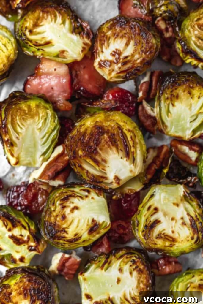 Irresistible Bacon Cranberry Pecan Roasted Brussels Sprouts 4 Nutritional benefits of roasted Brussels sprouts, showing fresh green sprouts. Healthy and delicious side dish.