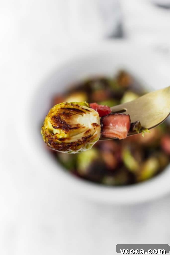 Irresistible Bacon Cranberry Pecan Roasted Brussels Sprouts 6 Close up of crispy roasted Brussels sprouts with bacon, dried cranberries, and toasted pecans in a serving dish. The perfect easy and healthy Thanksgiving side dish.