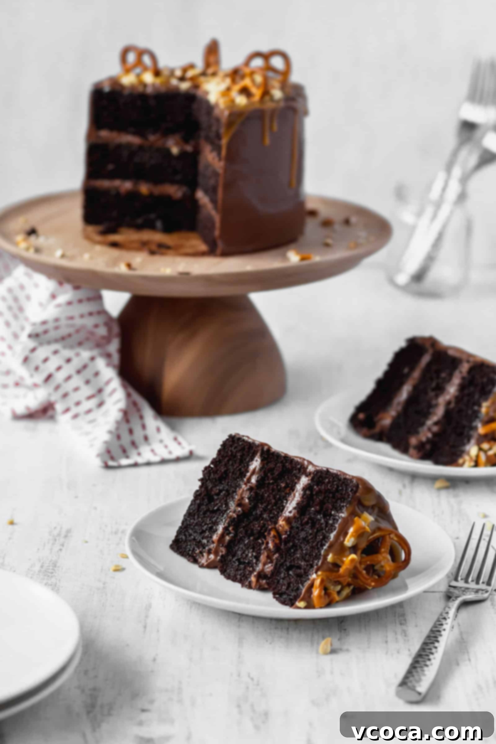 Salty-Sweet Chocolate Crunch Cake 3 Chocolate cake sliced and served on plates with a fork