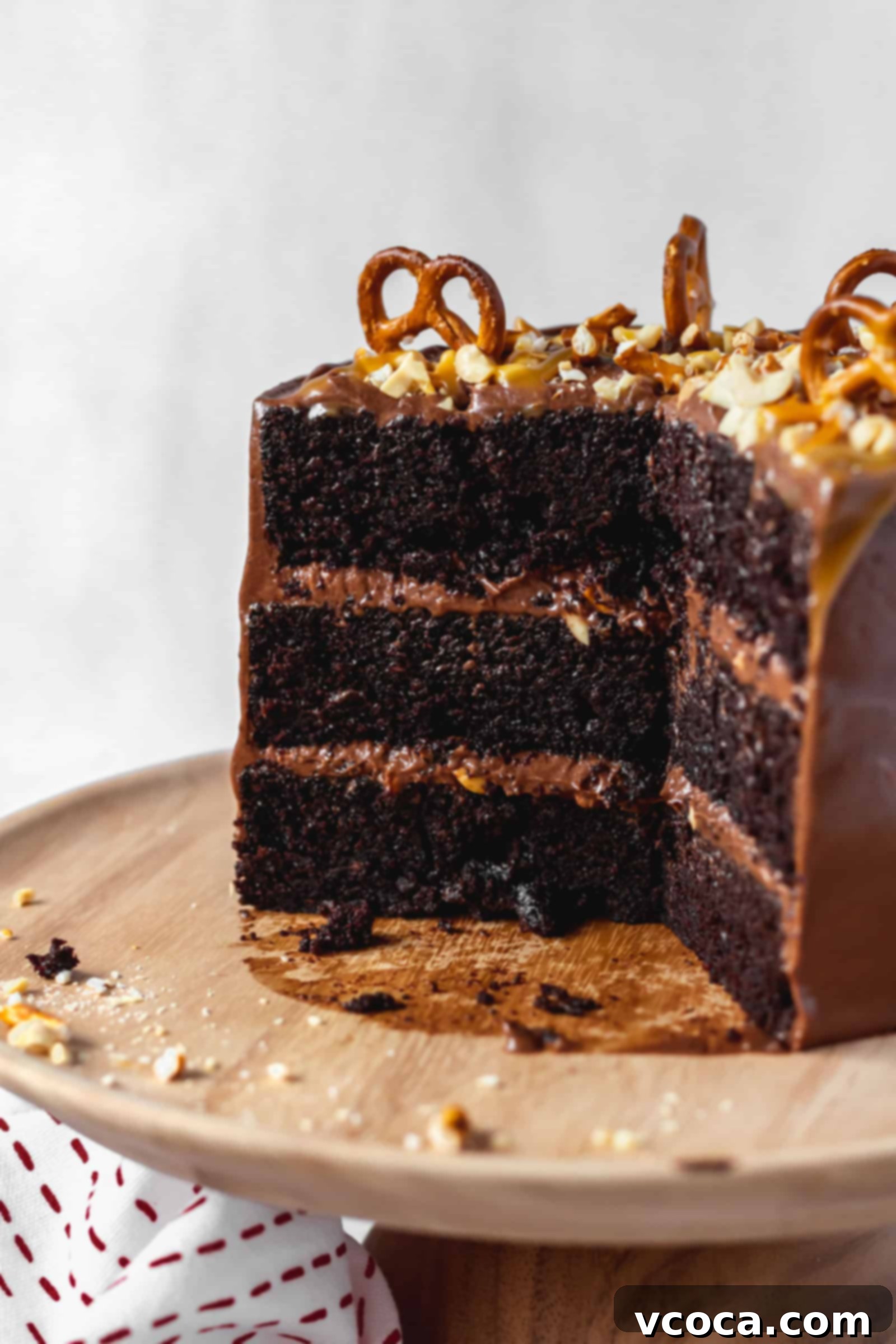 Salty-Sweet Chocolate Crunch Cake 4 Moist and fluffy chocolate cake with peanuts, pretzels, and chocolate buttercream frosting