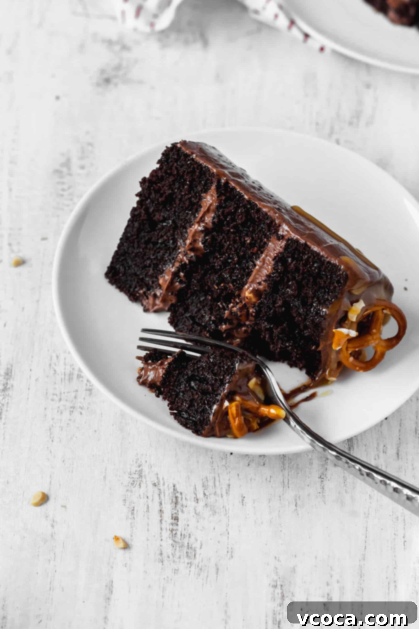 Salty-Sweet Chocolate Crunch Cake 7 A slice of moist and fluffy chocolate cake on a white plate