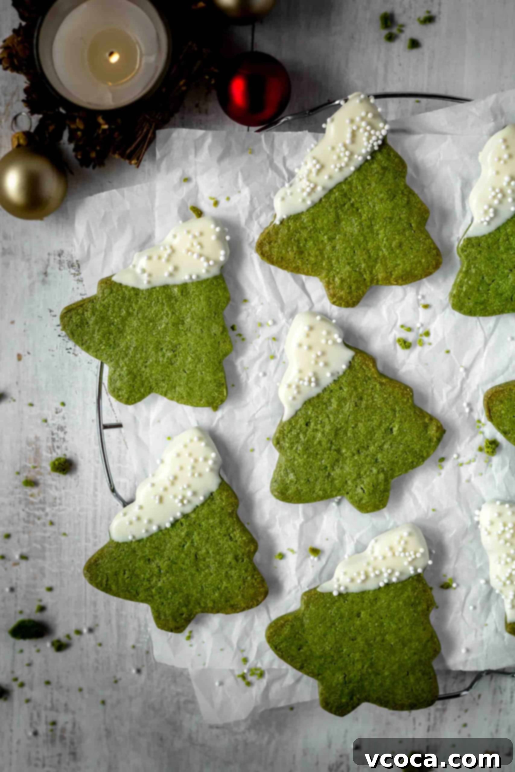 Festive Matcha Christmas Tree Cookies 2 Vibrant green Matcha Christmas Tree Cookies, naturally colored with matcha powder, dipped in white chocolate and sprinkled with nonpareils, perfectly capturing the festive holiday spirit.