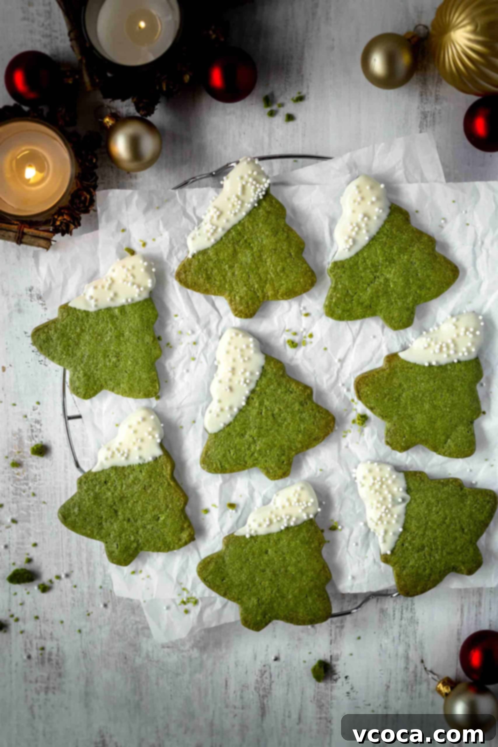 Festive Matcha Christmas Tree Cookies 8 Matcha Christmas tree cookies are the perfect treats this holiday season that don’t include any food coloring! Super easy Christmas cookies! #christmastree #christmastreecookies #christmascookies #matchacookies #easychristmascookies