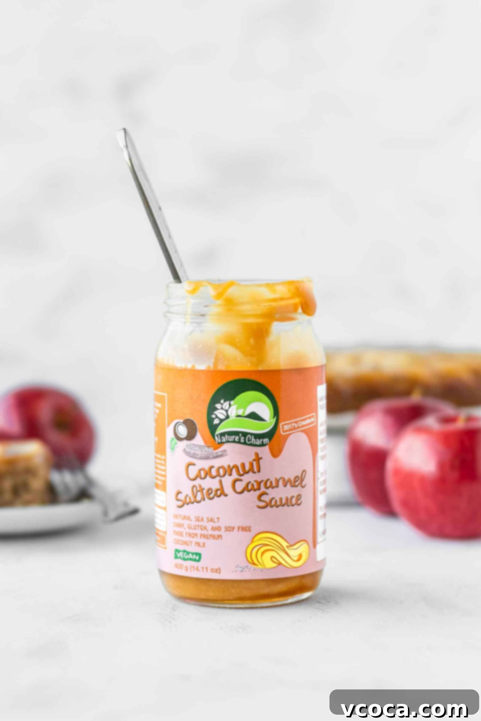 Pure Plant Apple Cake Bliss 3 A jar of vegan salted caramel sauce, ready to be used in the apple cake recipe.