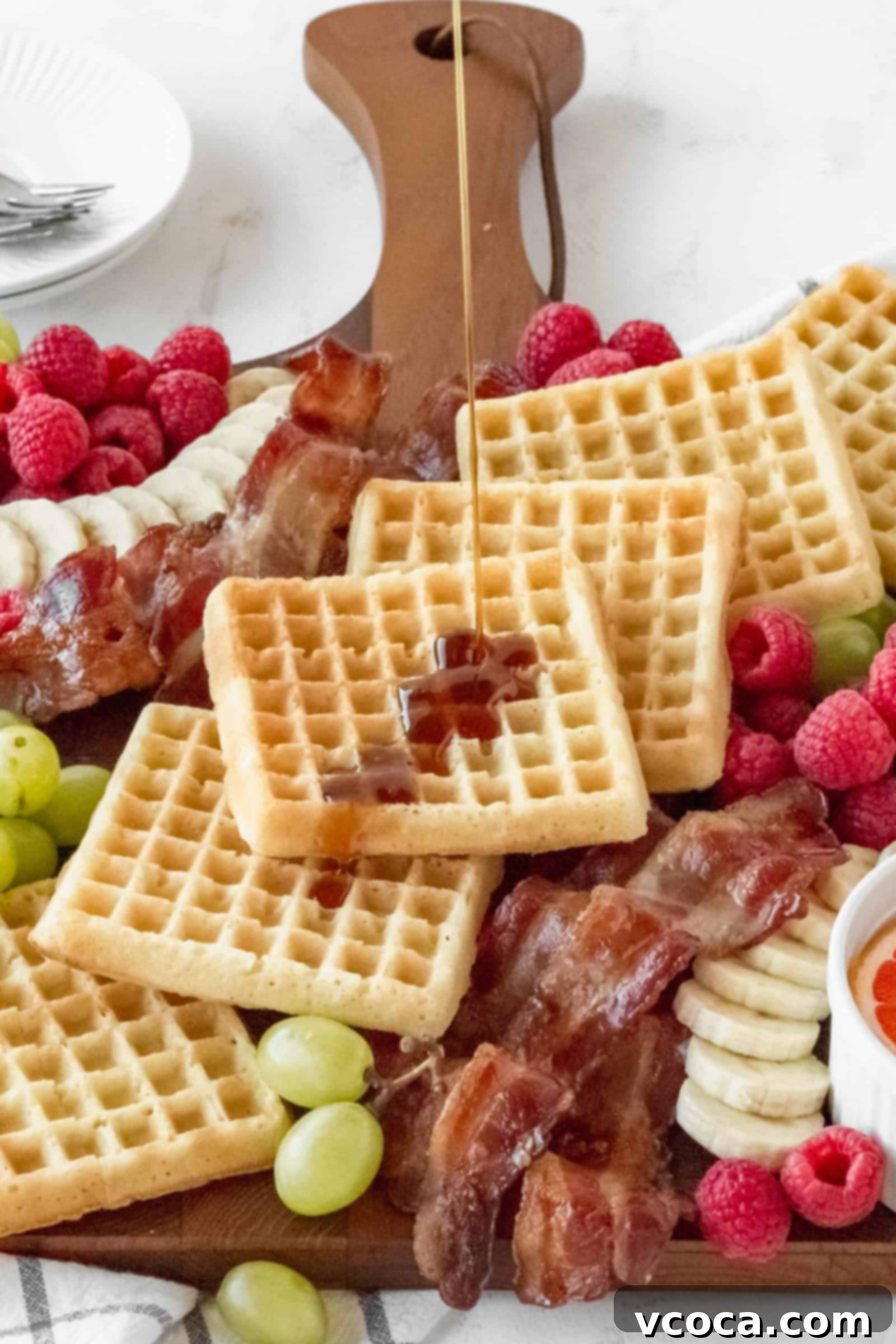 Your Perfect Gluten-Free Waffle Board for Two 4 Maple syrup drizzled on fluffy gluten-free waffles on a breakfast board