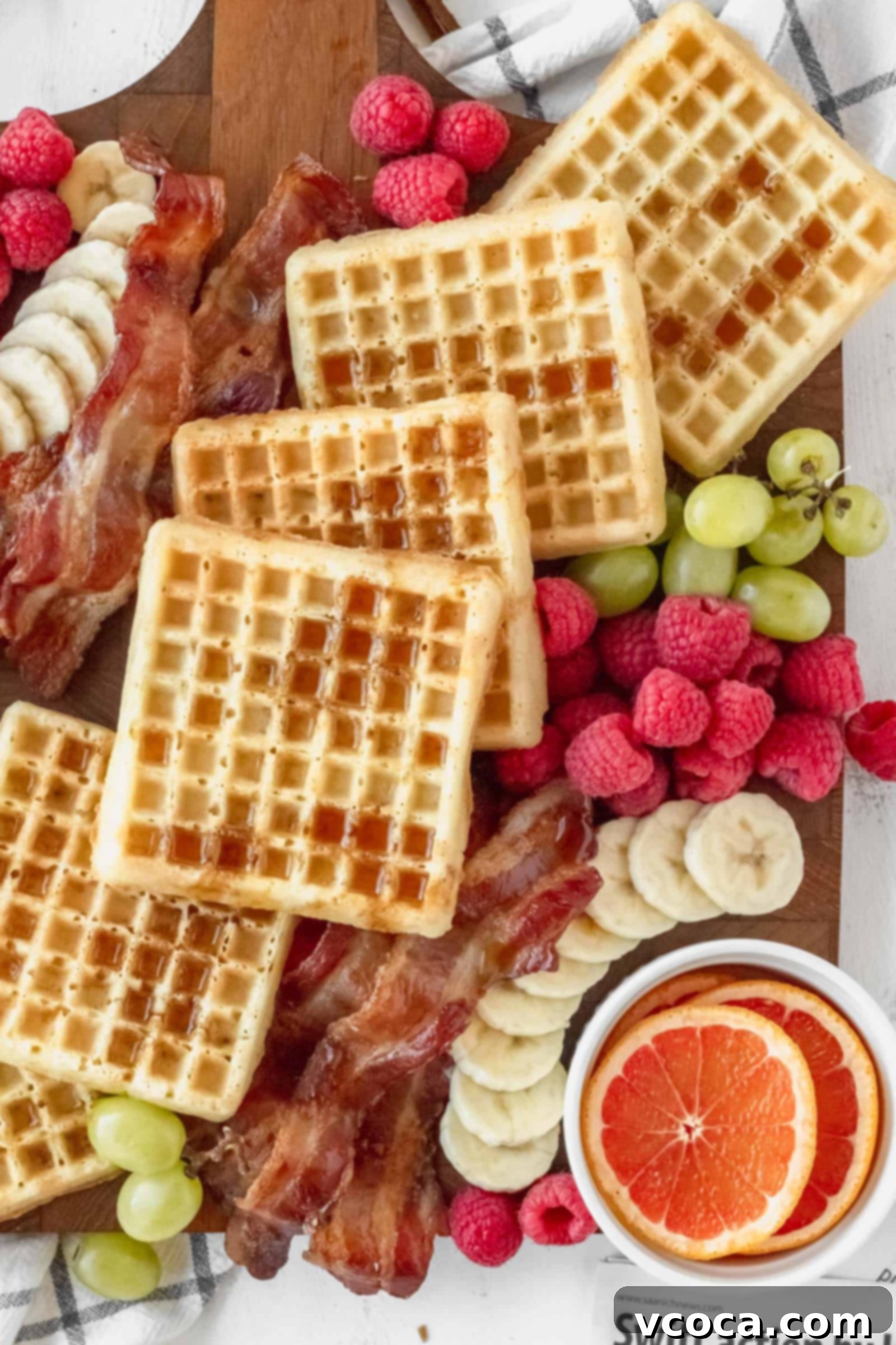 Your Perfect Gluten-Free Waffle Board for Two 5 Gluten-free waffles neatly arranged on a breakfast charcuterie board, ready for toppings