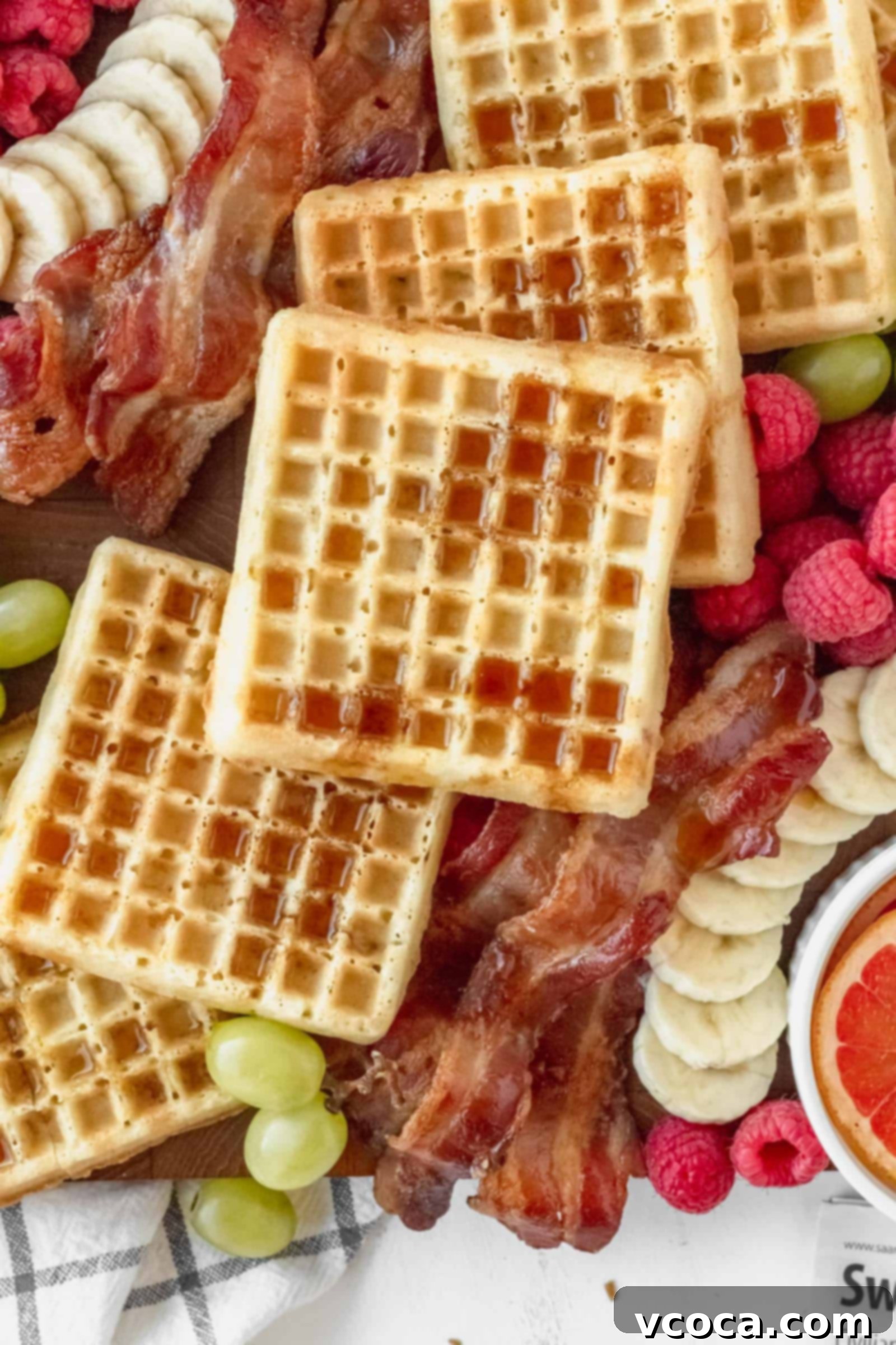 Your Perfect Gluten-Free Waffle Board for Two 6 Waffles and crispy bacon arranged on a breakfast charcuterie board with space for fruit