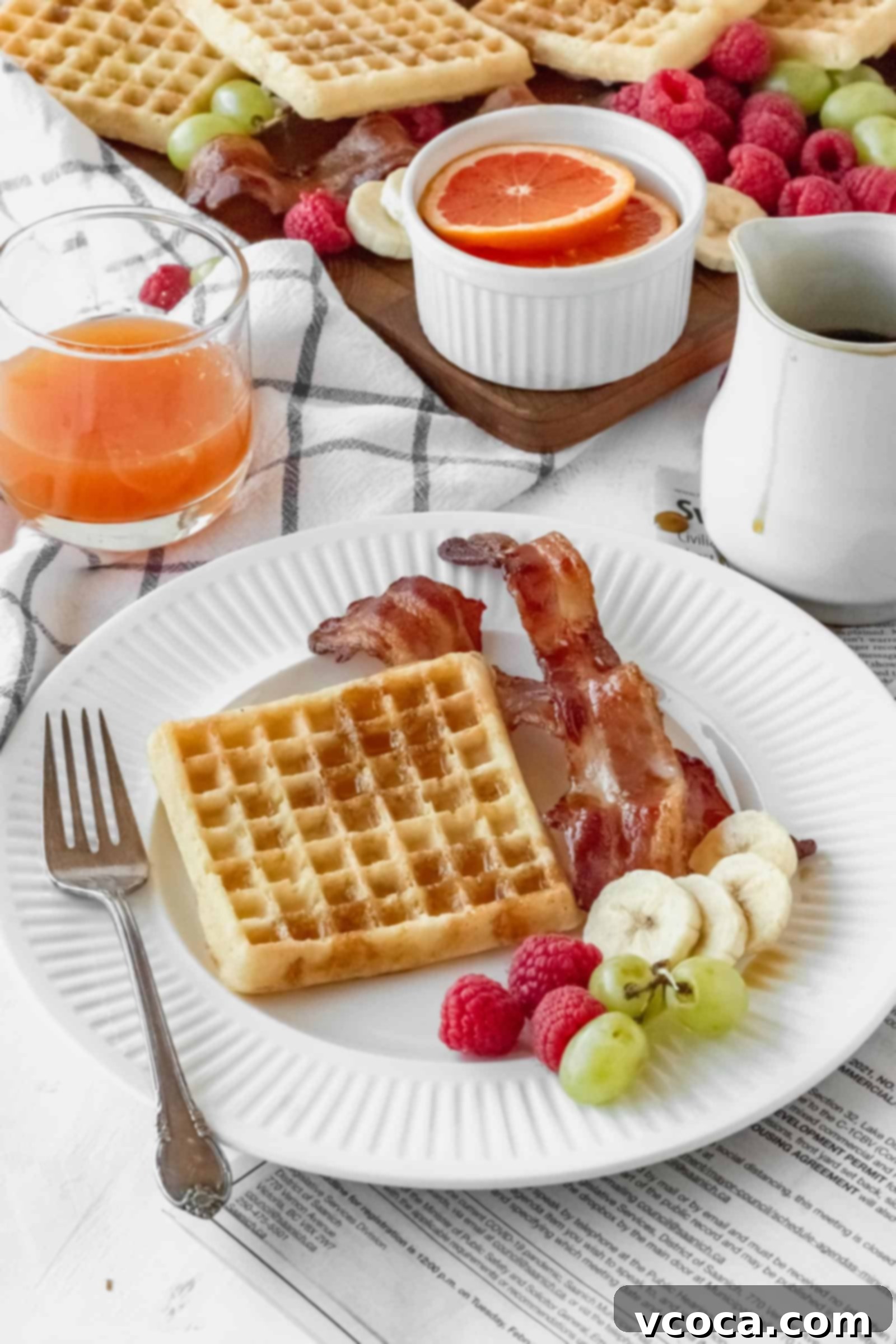 Your Perfect Gluten-Free Waffle Board for Two 7 A serving of waffle, bacon, and fruit on a plate at breakfast, showcasing the delicious components
