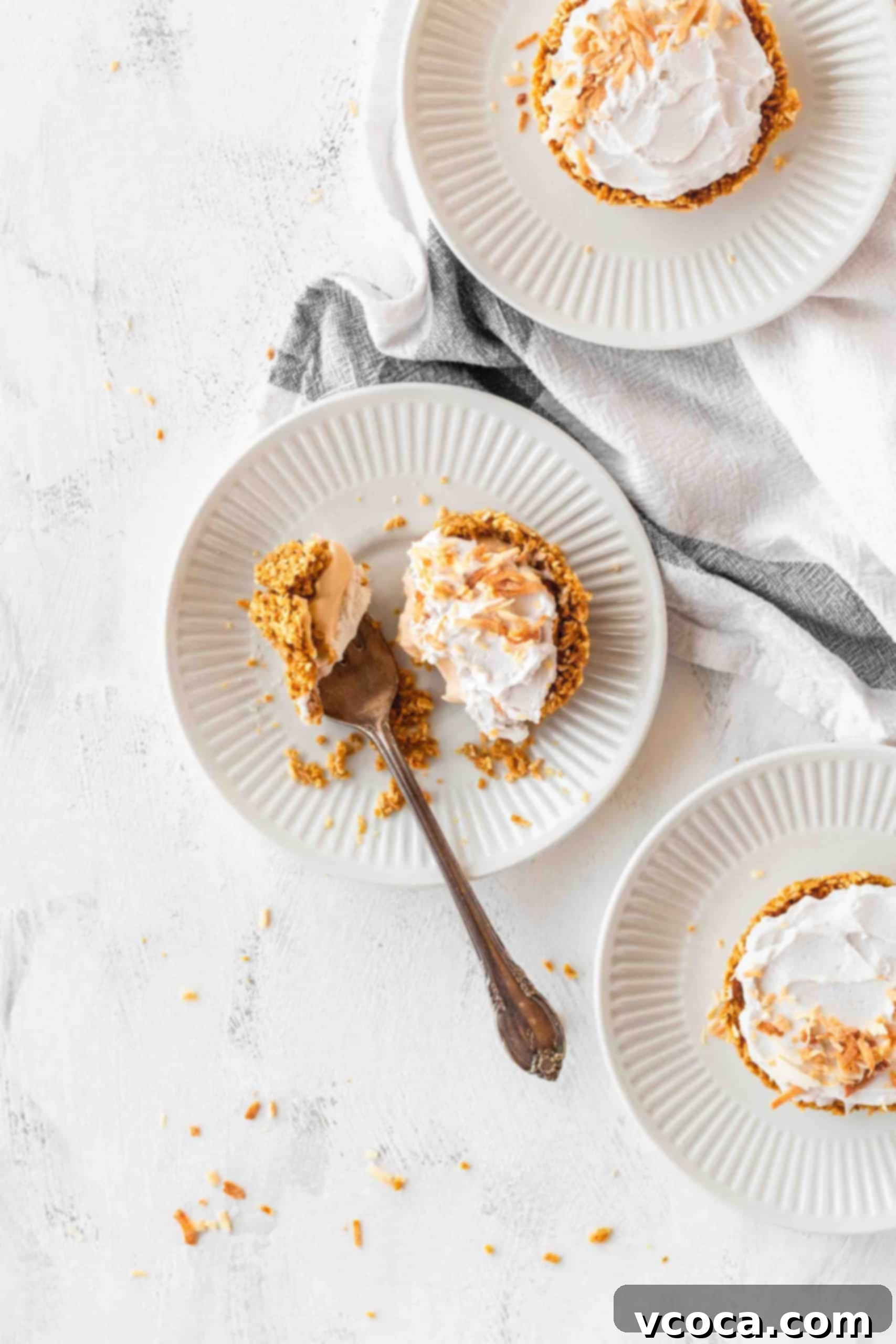 Mini Vegan & Gluten-Free Coconut Cream Pies 2 Vegan coconut cream pies on plates, showcasing their creamy layers and toasted coconut garnish.
