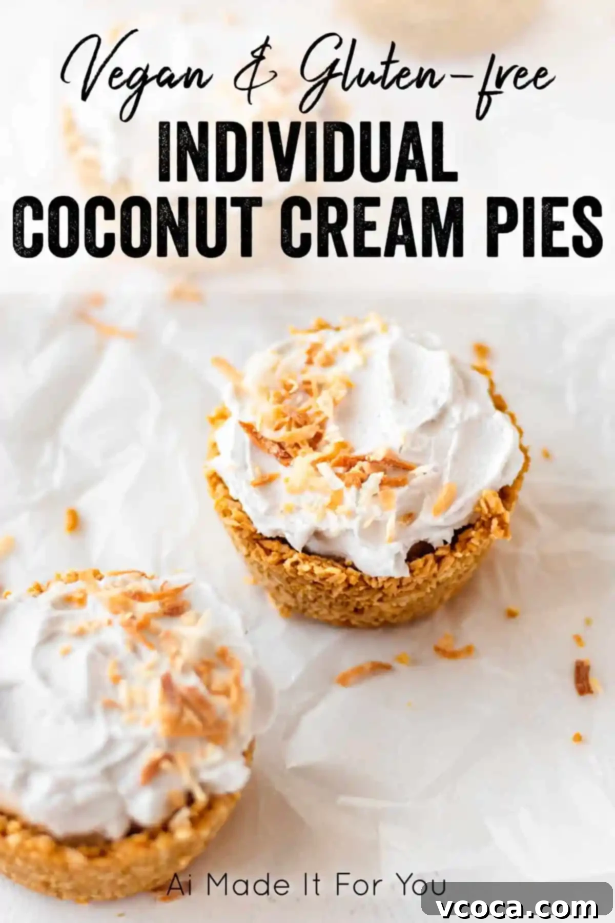 Mini Vegan & Gluten-Free Coconut Cream Pies 8 Close-up of three vegan and gluten-free coconut cream pies, garnished with toasted coconut flakes.