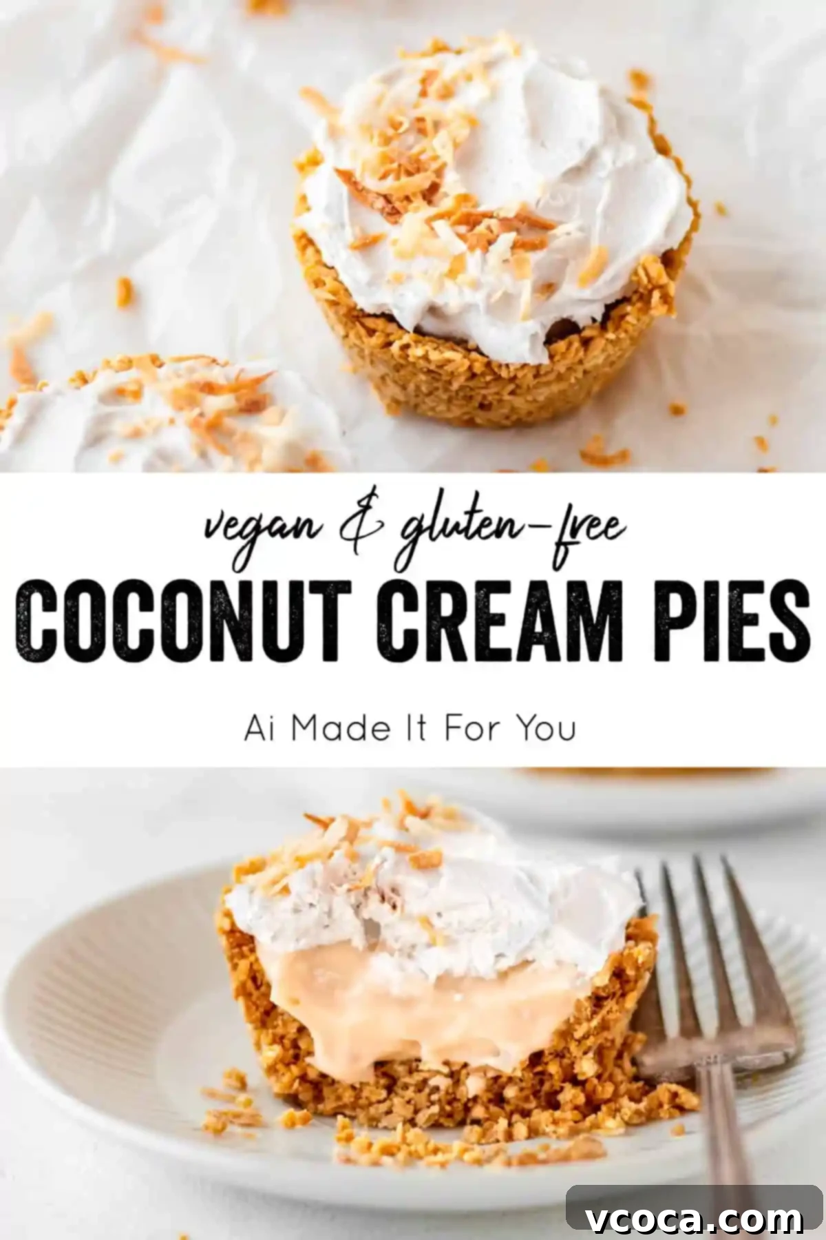 Mini Vegan & Gluten-Free Coconut Cream Pies 9 A trio of vegan and gluten-free coconut cream pies, beautifully presented with whipped topping.