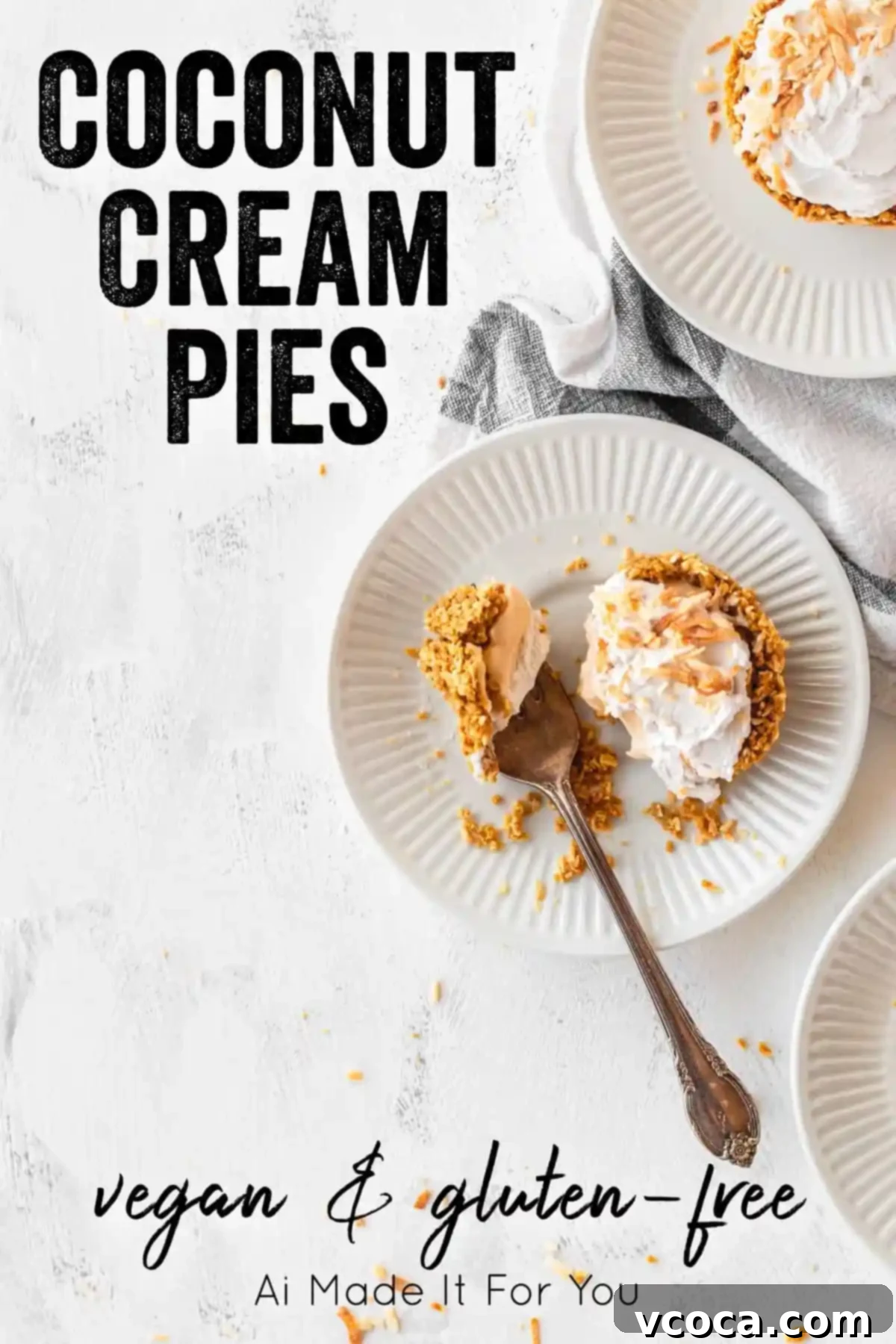 Mini Vegan & Gluten-Free Coconut Cream Pies 10 Overhead shot of vegan and gluten-free coconut cream pies, showing their uniform shape and appealing texture.