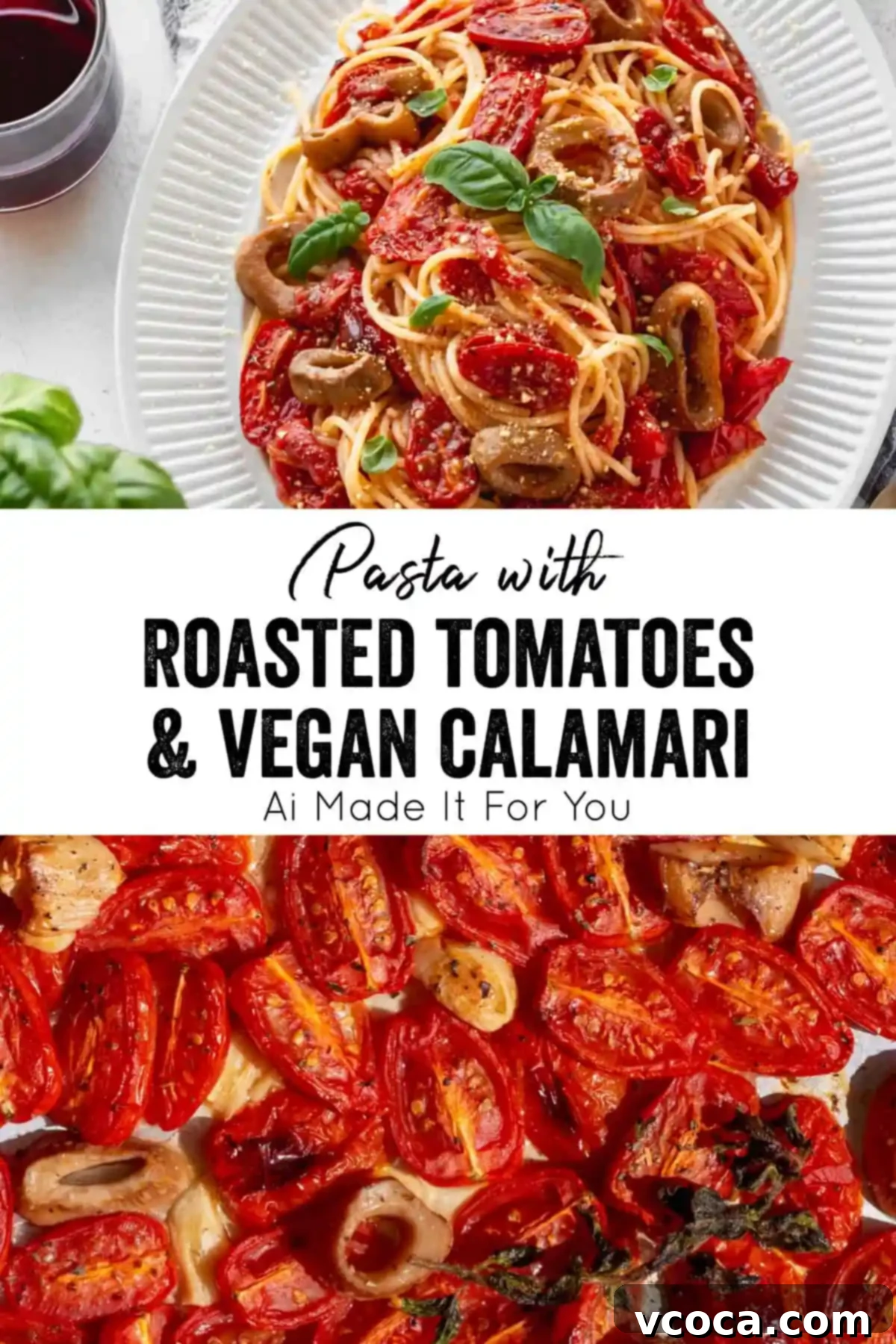 Sun-Drenched Tomato Pasta with Crispy Vegan Calamari 11 Close-up of the vegan pasta dish, showcasing the vibrant colors of the roasted tomatoes and the texture of the vegan calamari.
