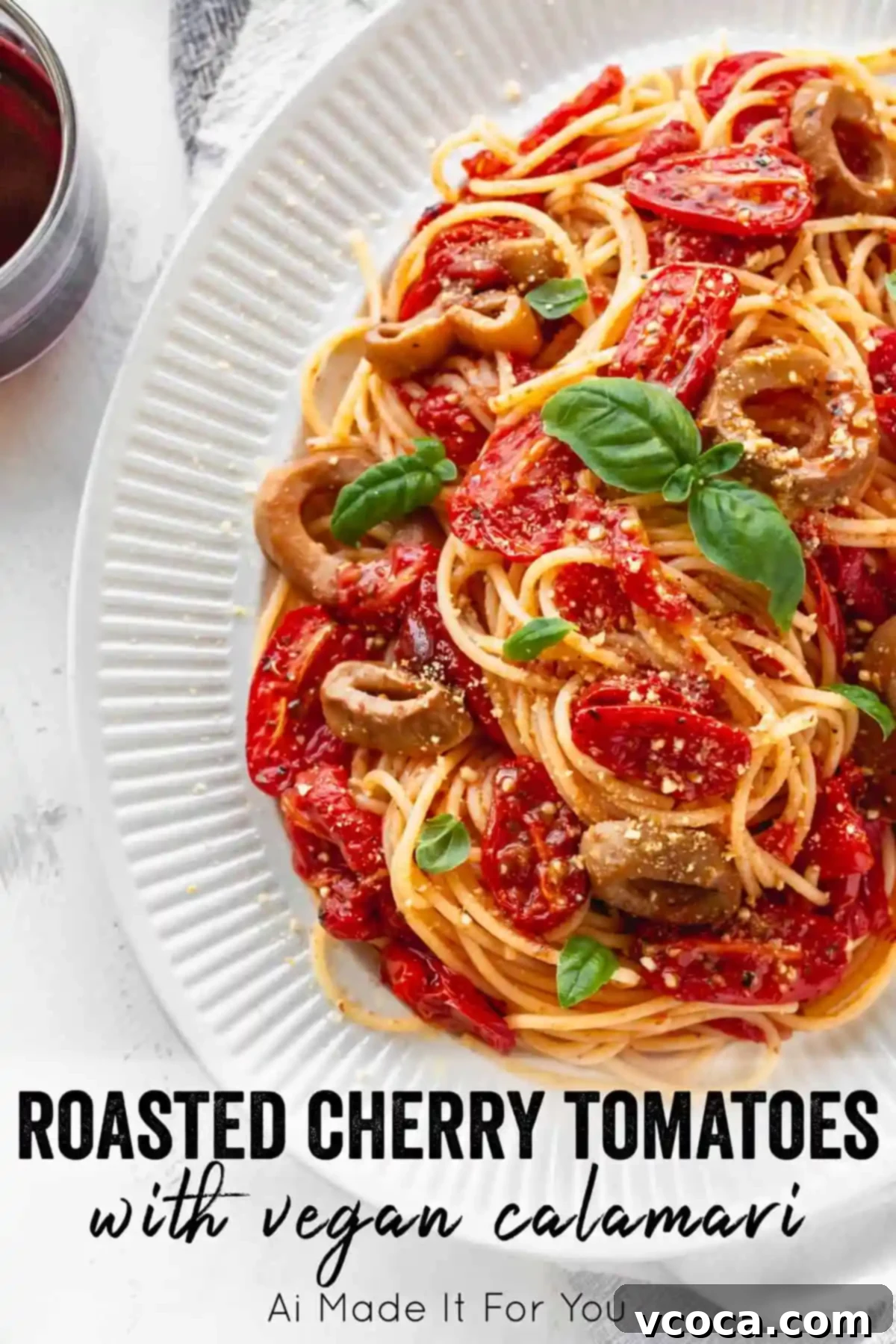 Sun-Drenched Tomato Pasta with Crispy Vegan Calamari 12 Overhead shot of the spaghetti with roasted tomatoes and vegan calamari, highlighting the enticing presentation of this quick vegan meal.
