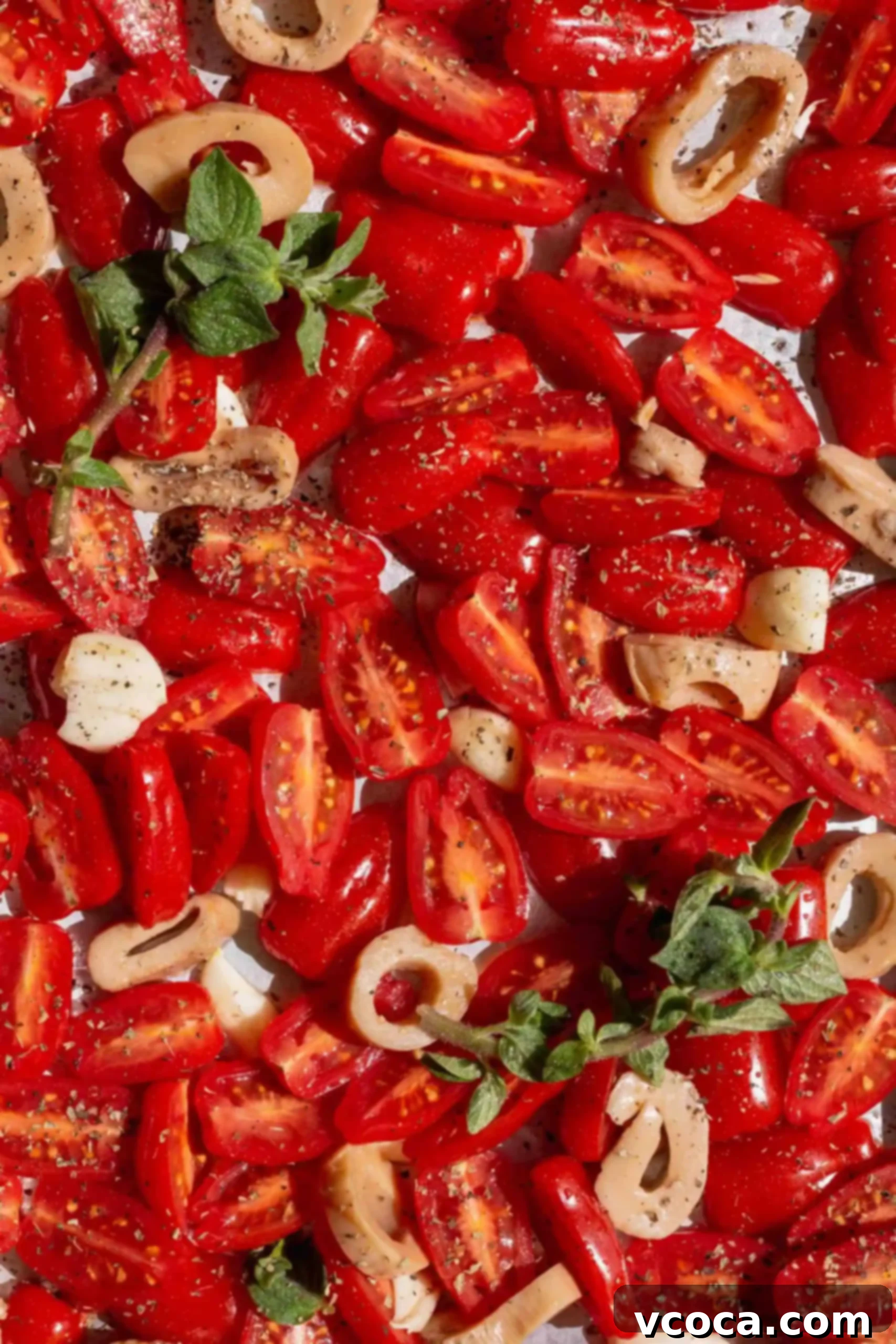 Sun-Drenched Tomato Pasta with Crispy Vegan Calamari 4 Close up of raw cherry tomatoes, vegan calamari, crushed garlic, and fresh oregano on a baking sheet before roasting.