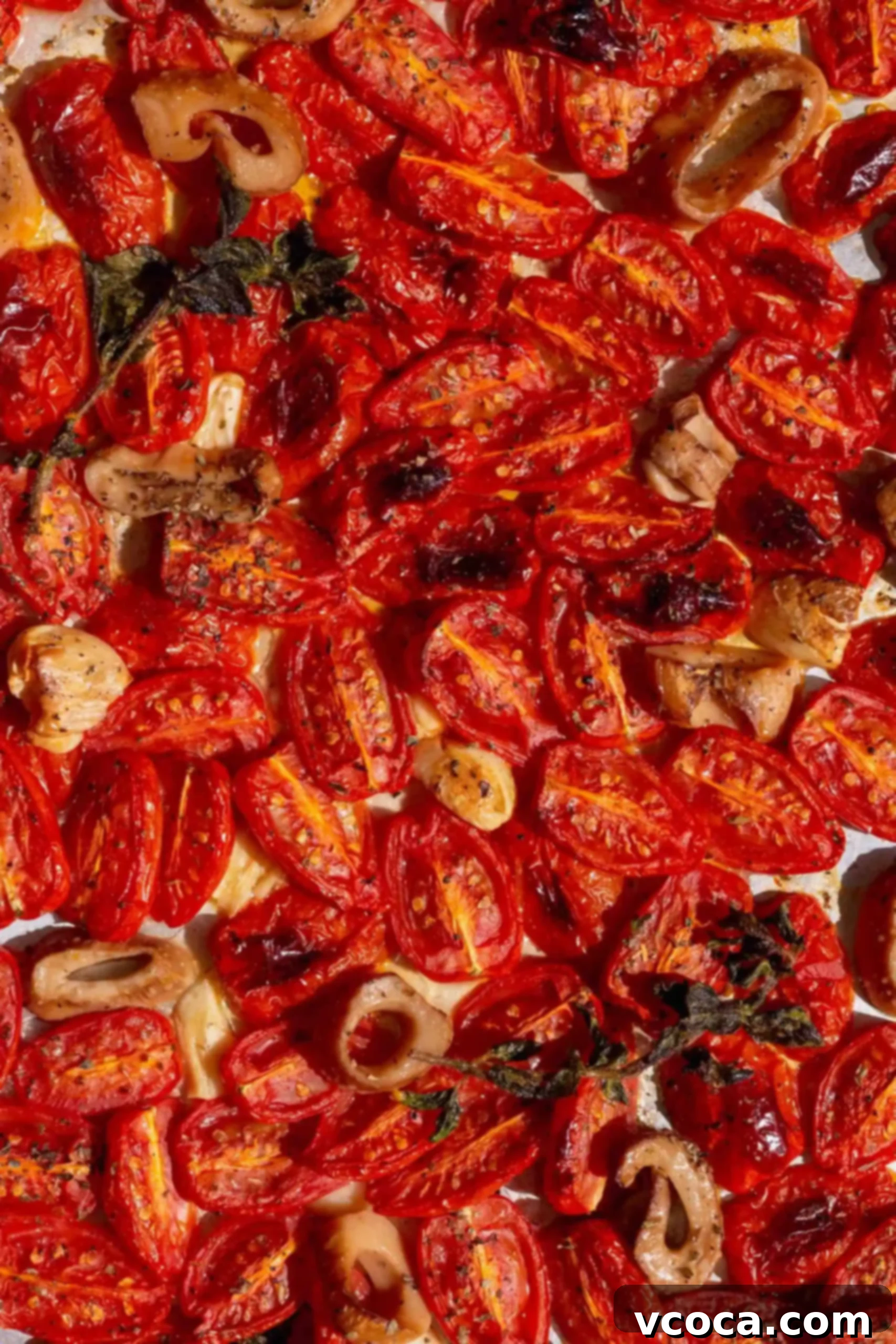 Sun-Drenched Tomato Pasta with Crispy Vegan Calamari 5 Close up of perfectly roasted cherry tomatoes, golden vegan calamari, and fragrant garlic on a baking sheet, fresh from the oven.