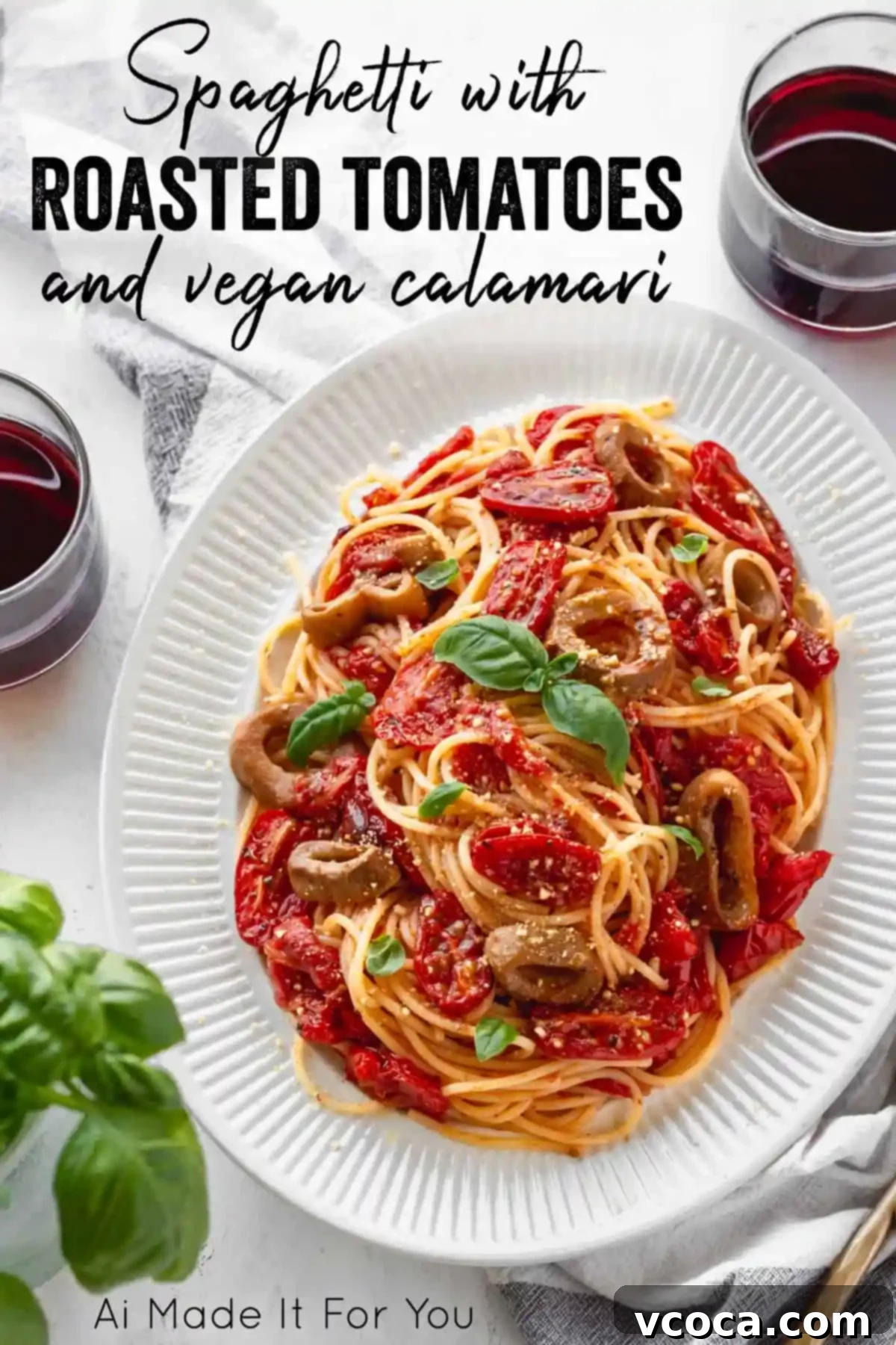 Sun-Drenched Tomato Pasta with Crispy Vegan Calamari 10 Beautifully plated spaghetti with roasted tomatoes and vegan calamari, accompanied by two glasses of red wine for a complete dining experience.