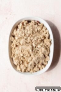 Gluten-free oatmeal crumble added on top of the rhubarb filling.