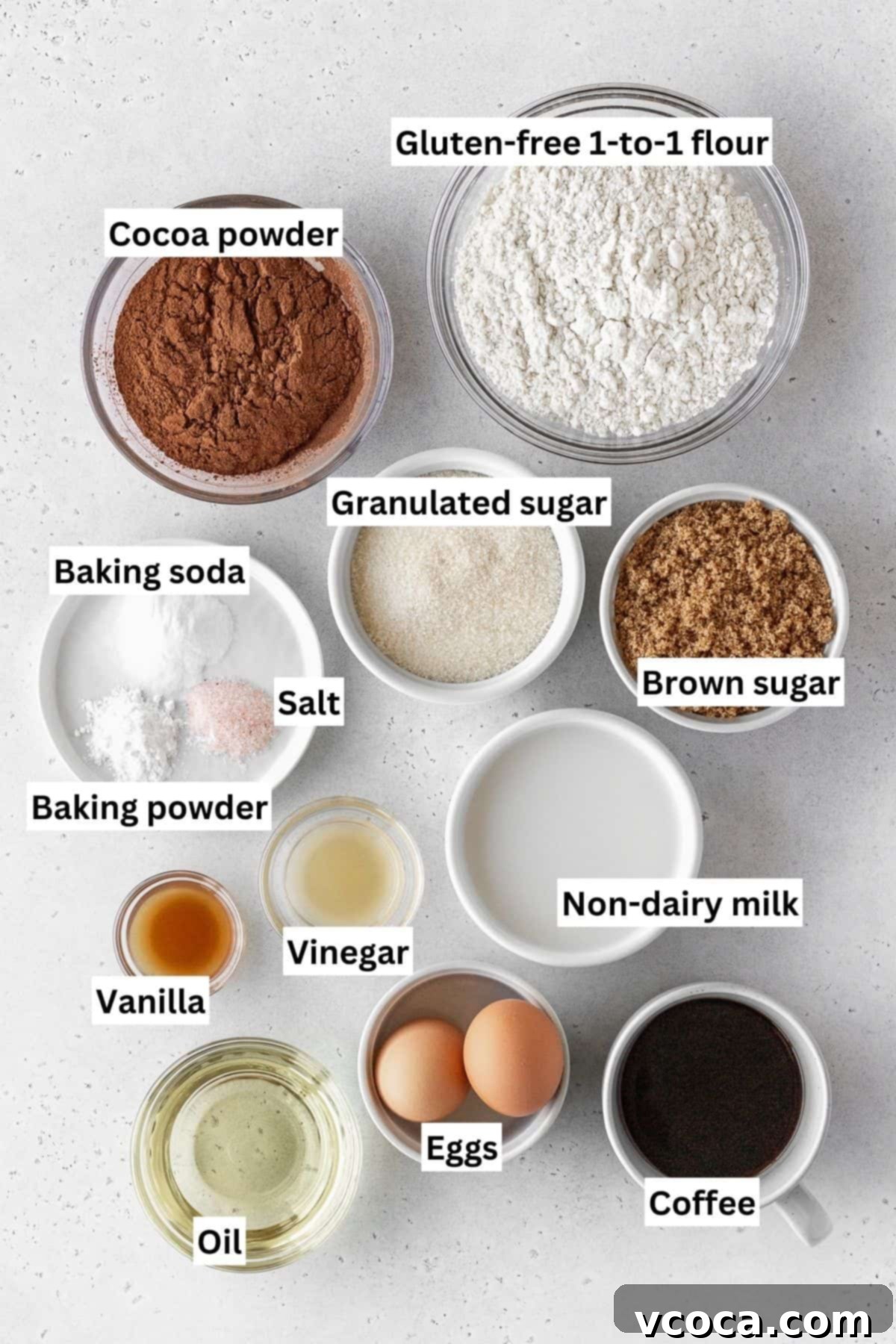 Decadent Gluten-Free German Chocolate Dream 3 Gluten-free German chocolate cake ingredients measured out into bowls with text overlay.