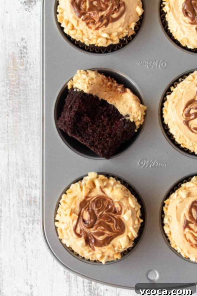 Decadent Chocolate Peanut Butter Cupcakes 2 A muffin pan filled with freshly baked chocolate peanut butter cupcakes, showcasing their perfect dome and inviting texture.