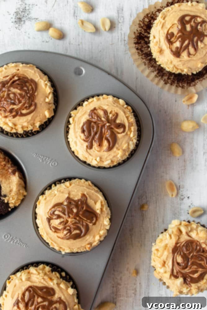 Decadent Chocolate Peanut Butter Cupcakes 3 Peanut butter cupcakes with a rich chocolate swirl and a sprinkle of chopped peanuts, beautifully arranged in a muffin tin.