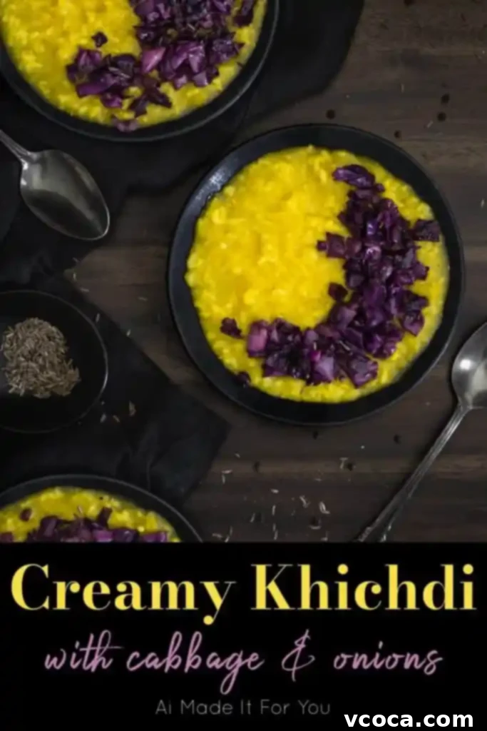 Hearty Cabbage and Onion Khichdi 7 Khichdi is a comforting Indian porridge made with rice and lentils. My untraditional version is topped with sautéed cabbage and onions! This vegan comfort food is healthy and perfect for any meal. #khichdi #khichri #porridge #indianfood #vegancomfortfood