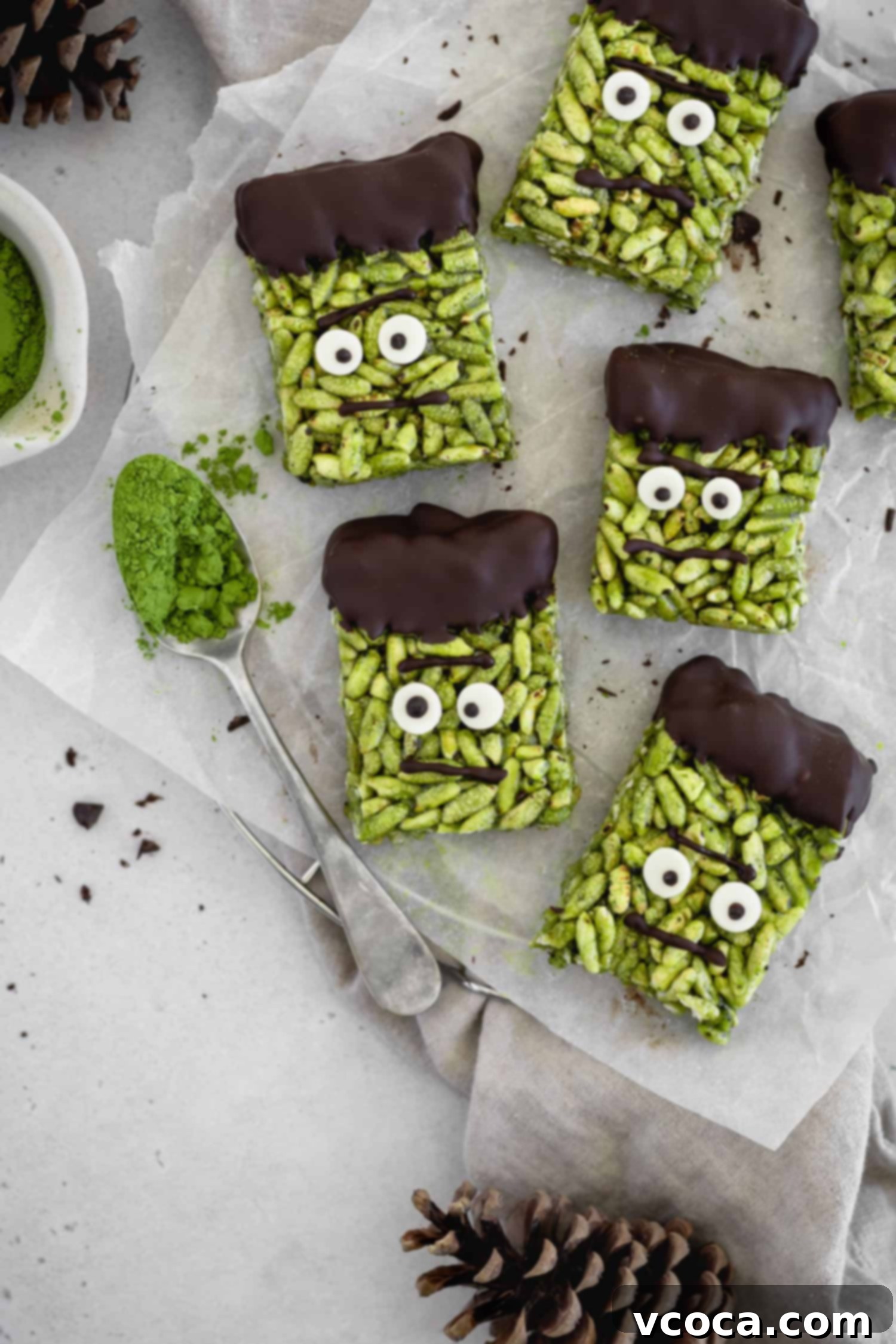 Franken-Matcha Crispies 2 Frankenstein rice crispy treats with vibrant green color