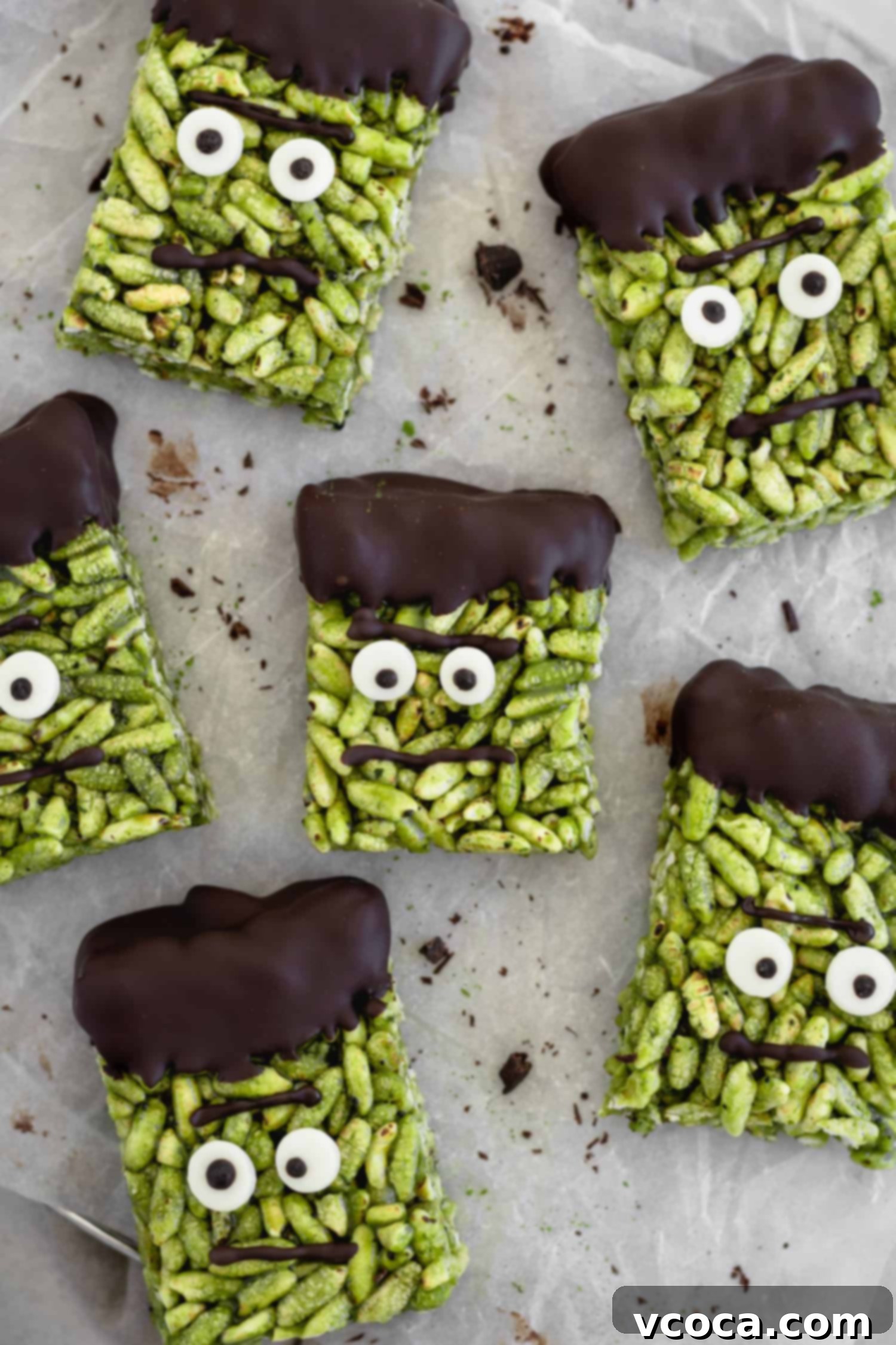 Franken-Matcha Crispies 5 Frankenstein treats for Halloween decorated with chocolate and candy eyes