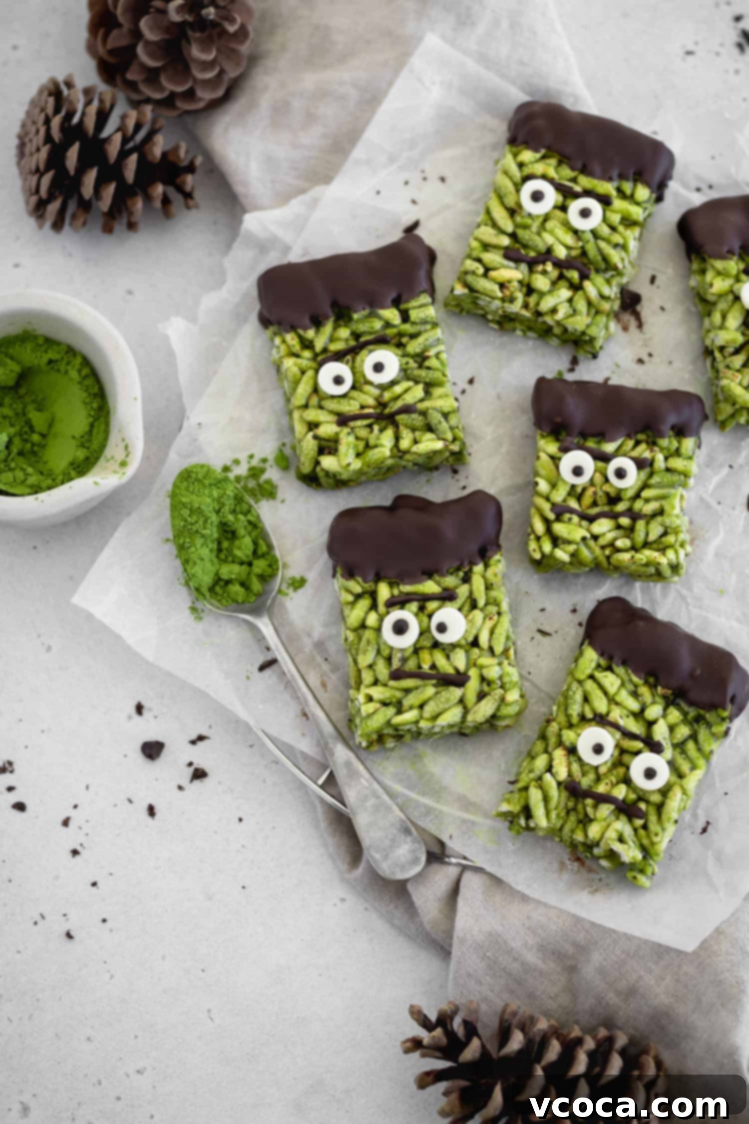 Franken-Matcha Crispies 7 Matcha rice crispy treats decorated as Frankenstein monsters