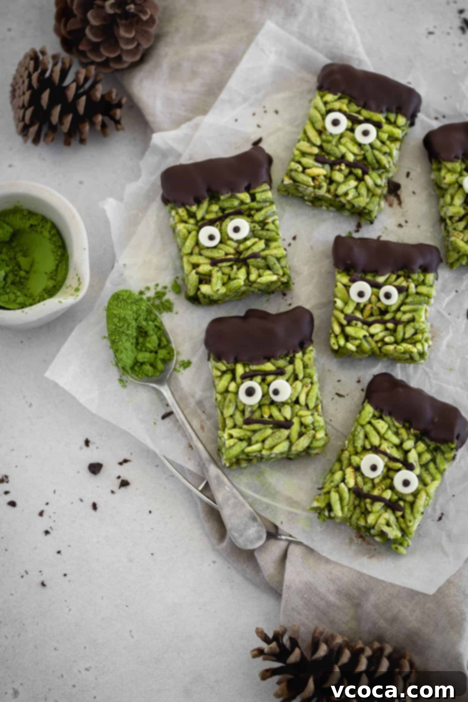 Franken-Matcha Crispies 8 Matcha rice krispie treats decorated as Frankenstein