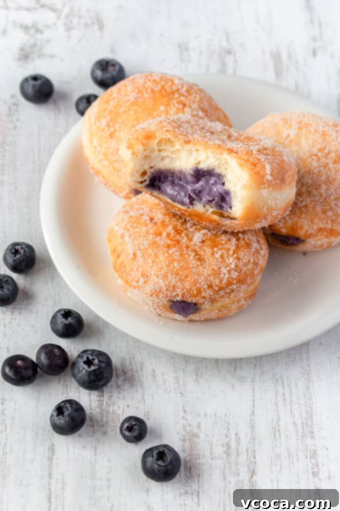 An array of fluffy bread machine doughnuts filled with sweet blueberry cream cheese.