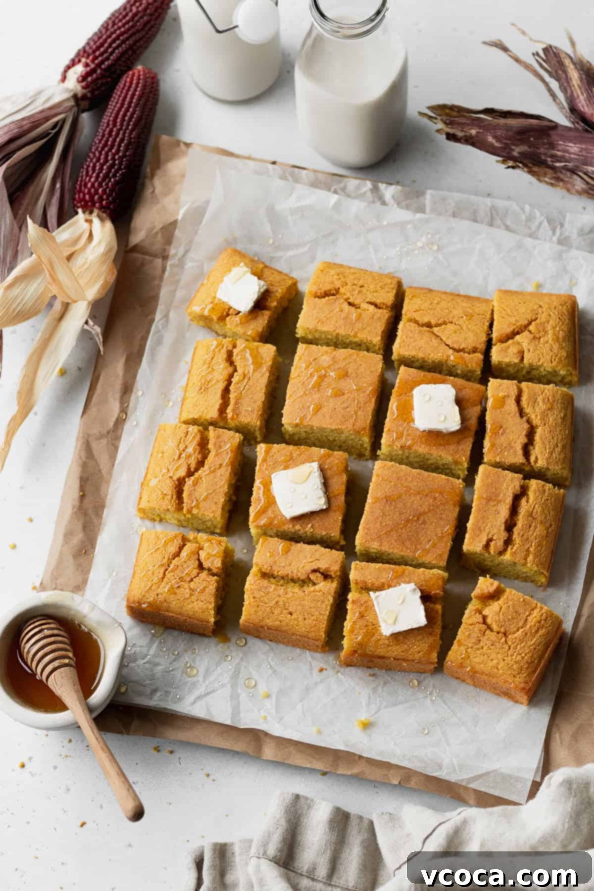 Golden Gluten Free Cornbread 14 Table scene with dried corn on the cob surrounding a batch of dairy-free gluten-free cornbread cut into squares and topped with pads of butter. The cornbread is moist and fluffy and ready to serve.