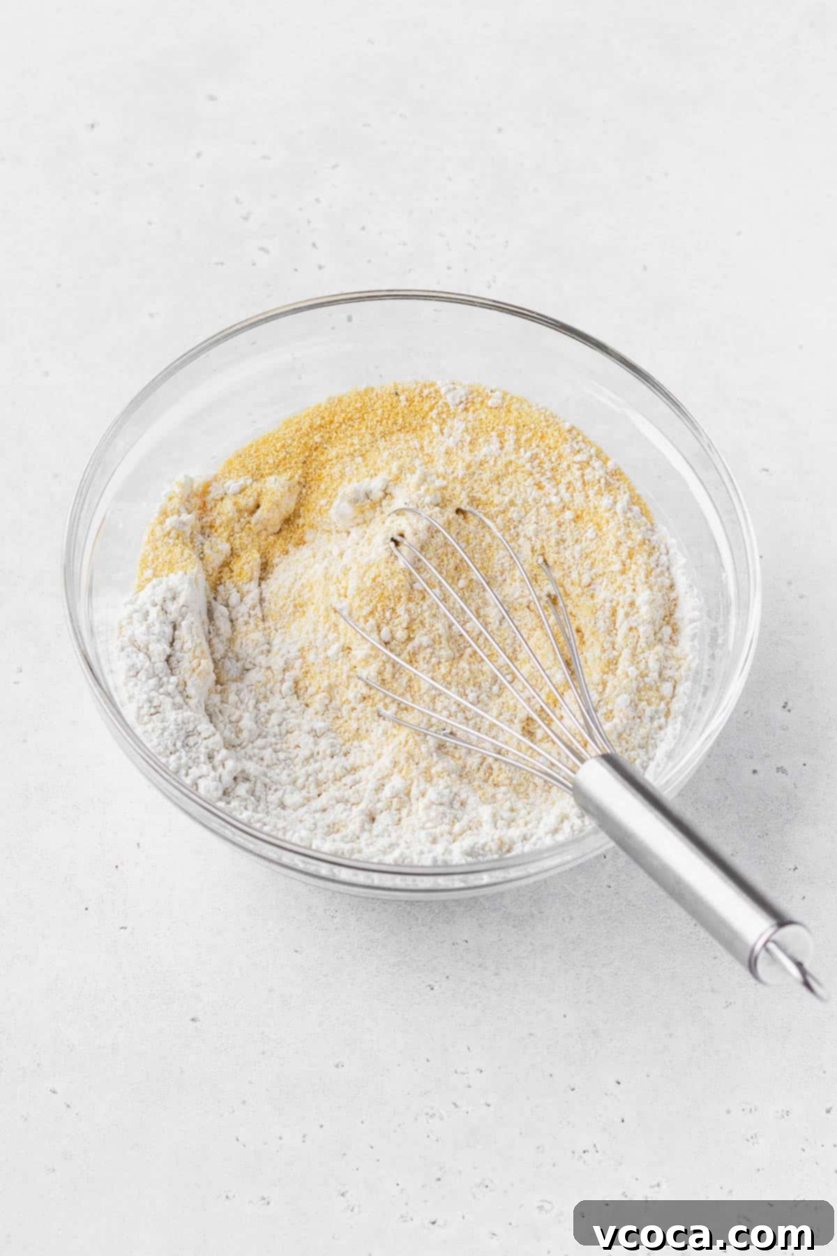 Golden Gluten Free Cornbread 4 Dry ingredients for dairy-free cornbread being whisked together, including gluten-free flour, cornmeal, baking soda, and baking powder.
