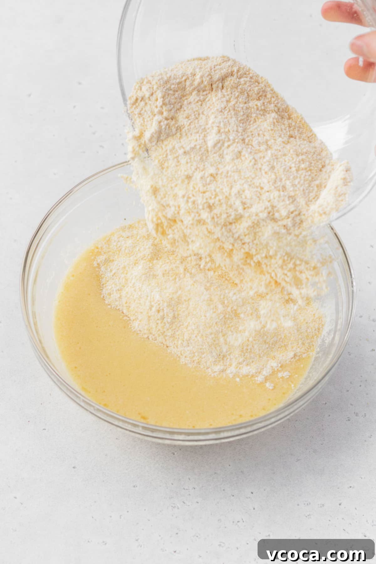 Golden Gluten Free Cornbread 8 Pouring dry ingredients into bowl with wet ingredients to make gluten-free cornbread batter.