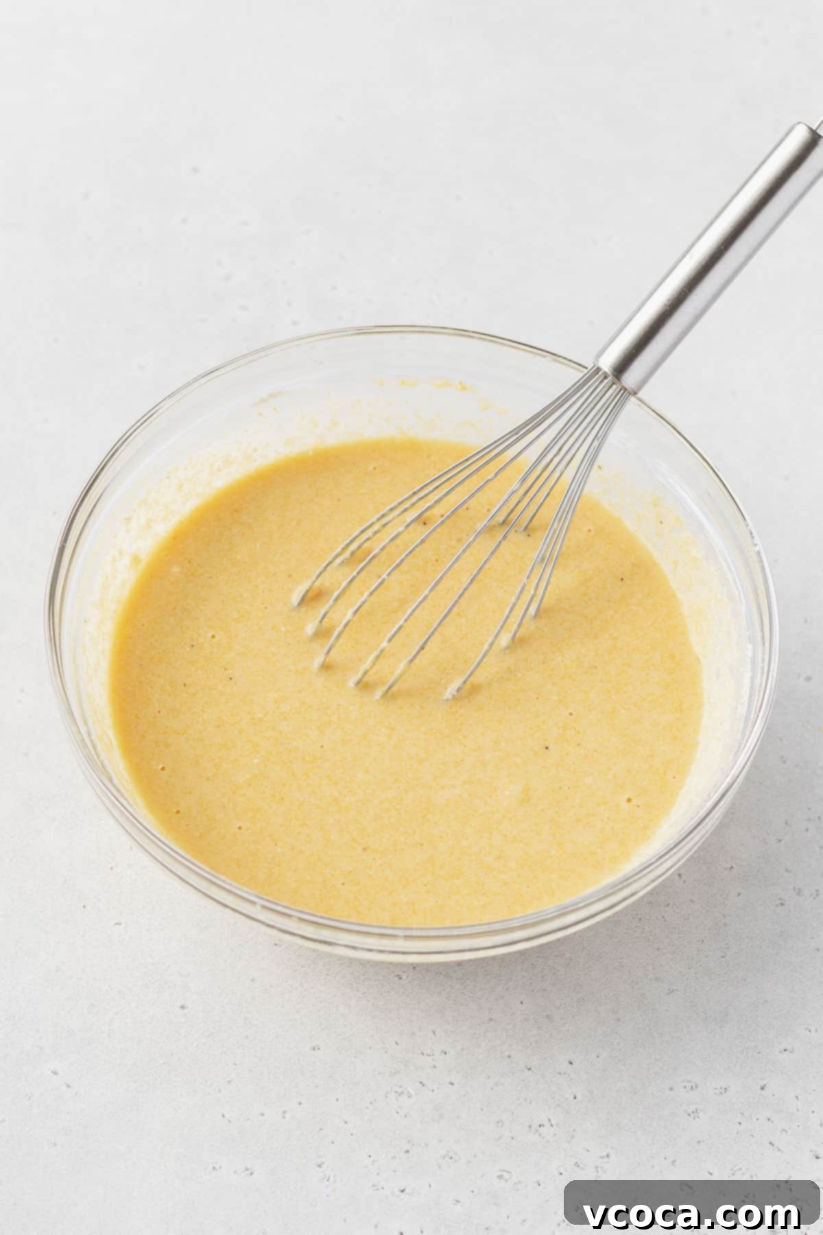 Golden Gluten Free Cornbread 9 Cornbread batter after whisking wet and dry ingredients together, ready for resting to ensure a moist and fluffy gluten-free cornbread.