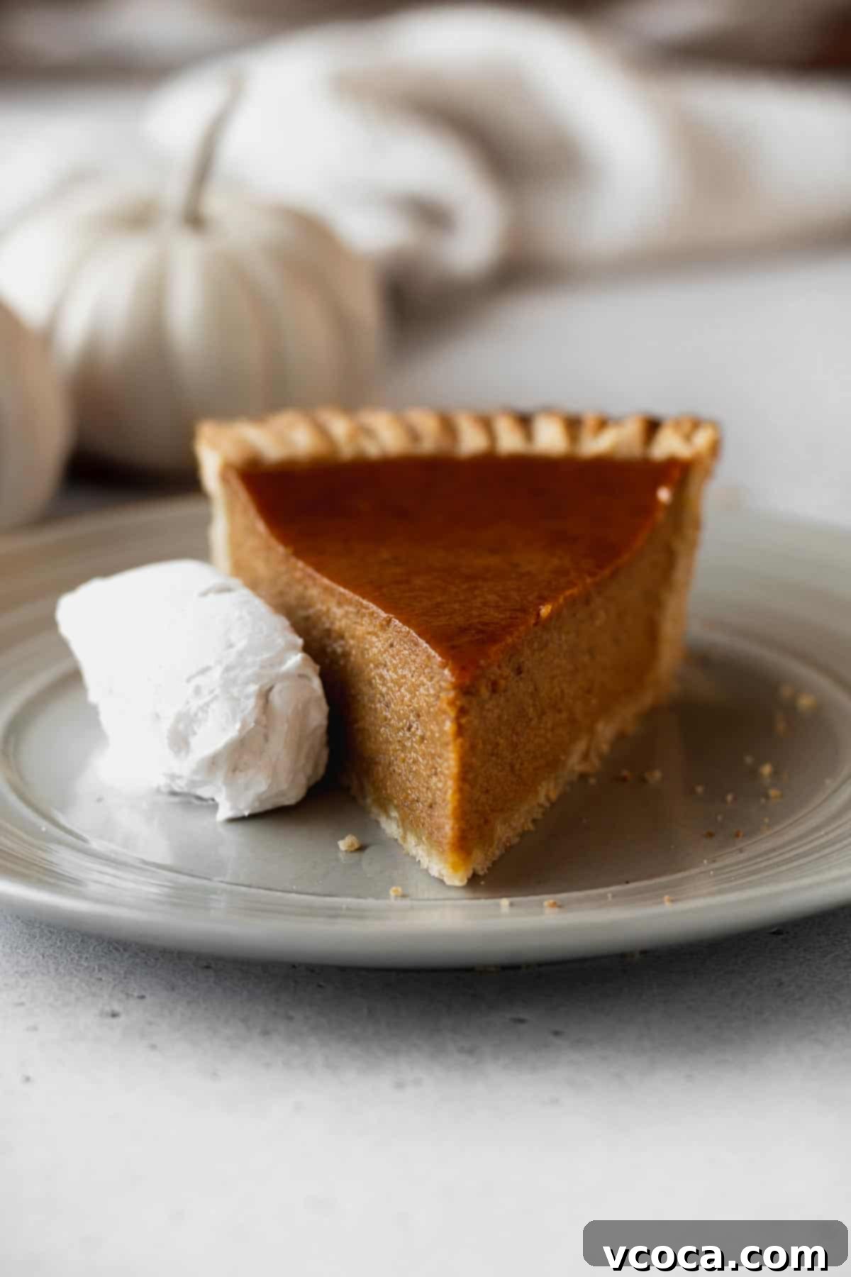 Wholesome Vegan Pumpkin Perfection 2 A slice of dairy-free pumpkin pie on a grey plate with a whipped coconut cream on the side and a white pumpkin in the background.